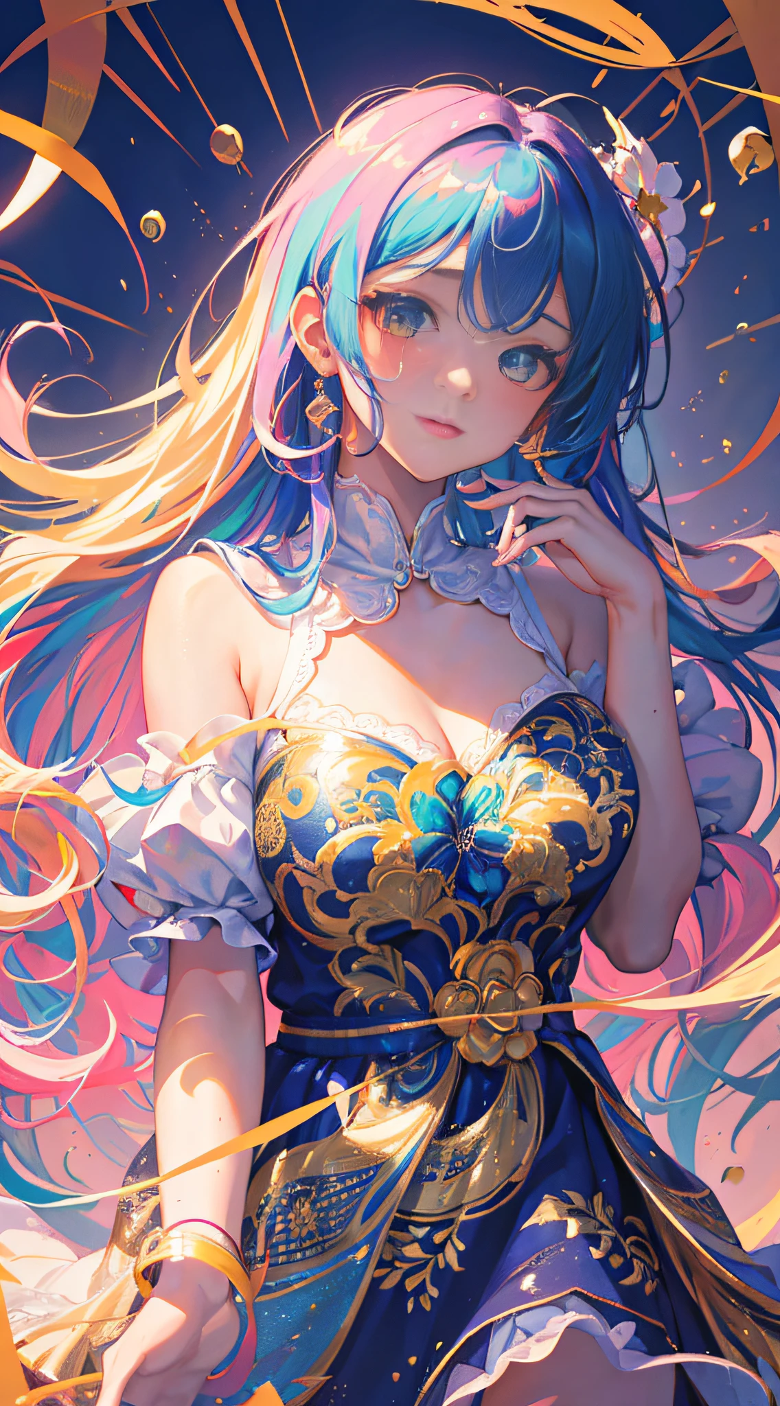 (masterpiece:1.1), (best quality:1.1), highly detailed, {highres}, {an extremely delicate and beautiful},(ultra detailed),(disheveled hair),(illustration),(dynamic angle), (1girl), (Fashionable clothing), standing,Fashion model,looking at viewer, (interview), (simple background),beautifuldetailedeyes,delicate beautiful face,Floating,(high saturation),(colorful splashes),colorful bubble,(shining),(beautifuldetailed Light and shadow) ,