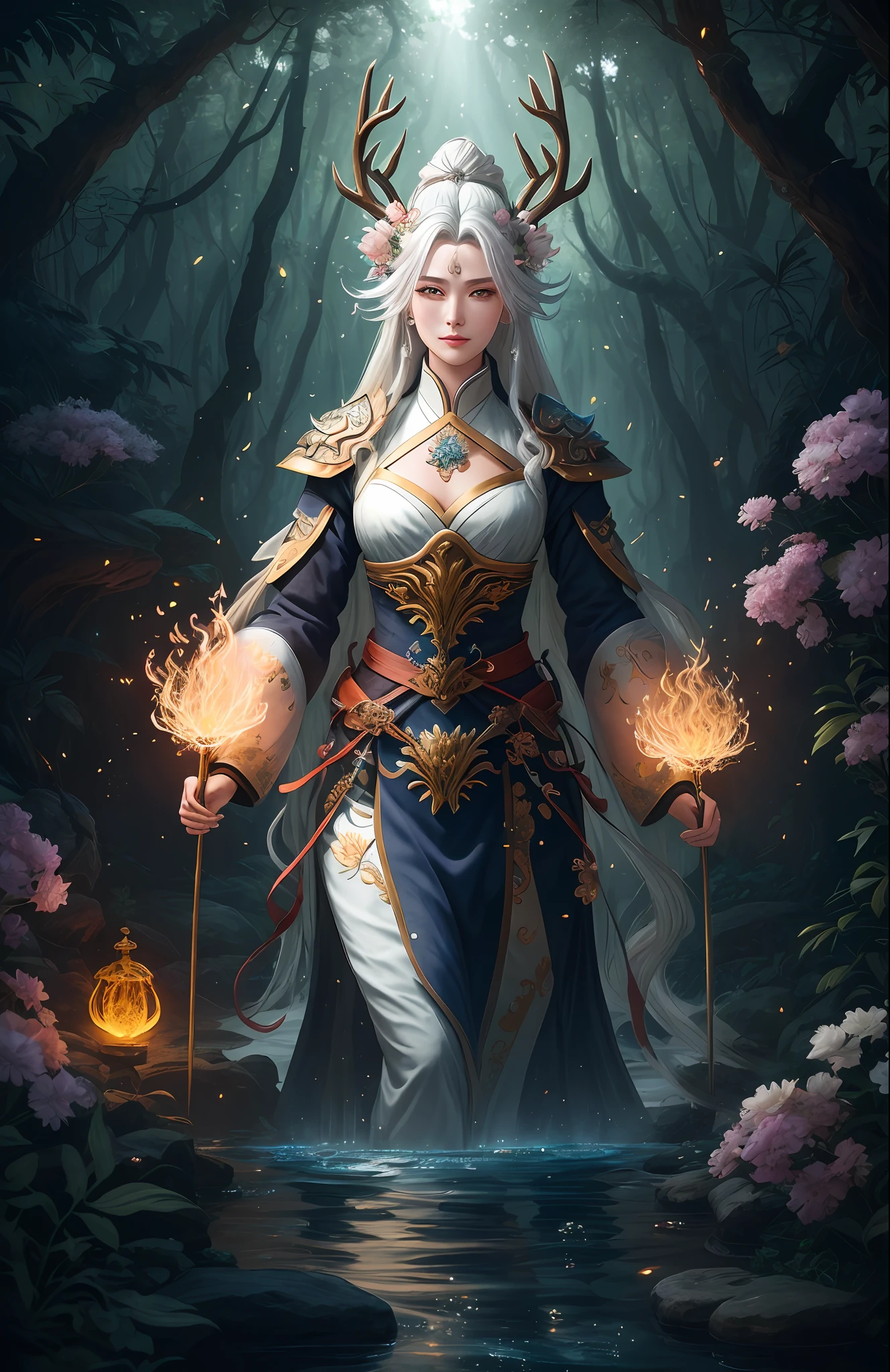 Masterpiece, best quality, (very detailed CG unified 8k wallpaper), (best quality), (best illustration), (best shadow), close-up of a beauty with white hair and white mask, beautiful figure painting, Guvitz, Guwiz style artwork, white-haired god, Yang J, epic exquisite character art, amazing character art, Fan Qi, Wu Zhun Shifan, Guwiz in pixiv art station, glowing elf, with a glowing deer, drinking water in the pool, Natural elements in forest theme. Mysterious forest, beautiful forest, nature, surrounded by flowers, delicate leaves and branches surrounded by fireflies (natural elements), (jungle theme), (leaves), (branches), (fireflies), (particle effects) and other 3D, Octane rendering, ray tracing, super detailed