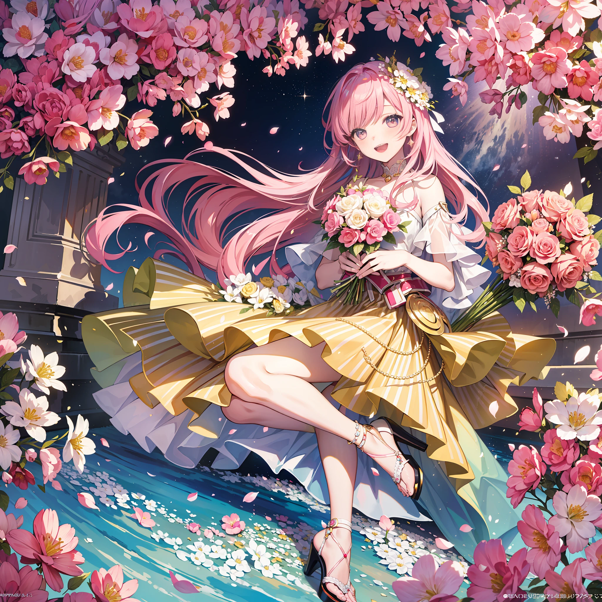 (Masterpiece, top quality, highest quality, official art, beautiful aesthetics, 1 woman,: 1.2), 1 girl, sparkling jewel-like eyes, happy expression, beautiful face, kindness, happy, happy, holding bouquet, casual clothes, long pink hair, high heeled sandals, look here, park full of flowers, golden sunlight, shine, 8k wallpaper