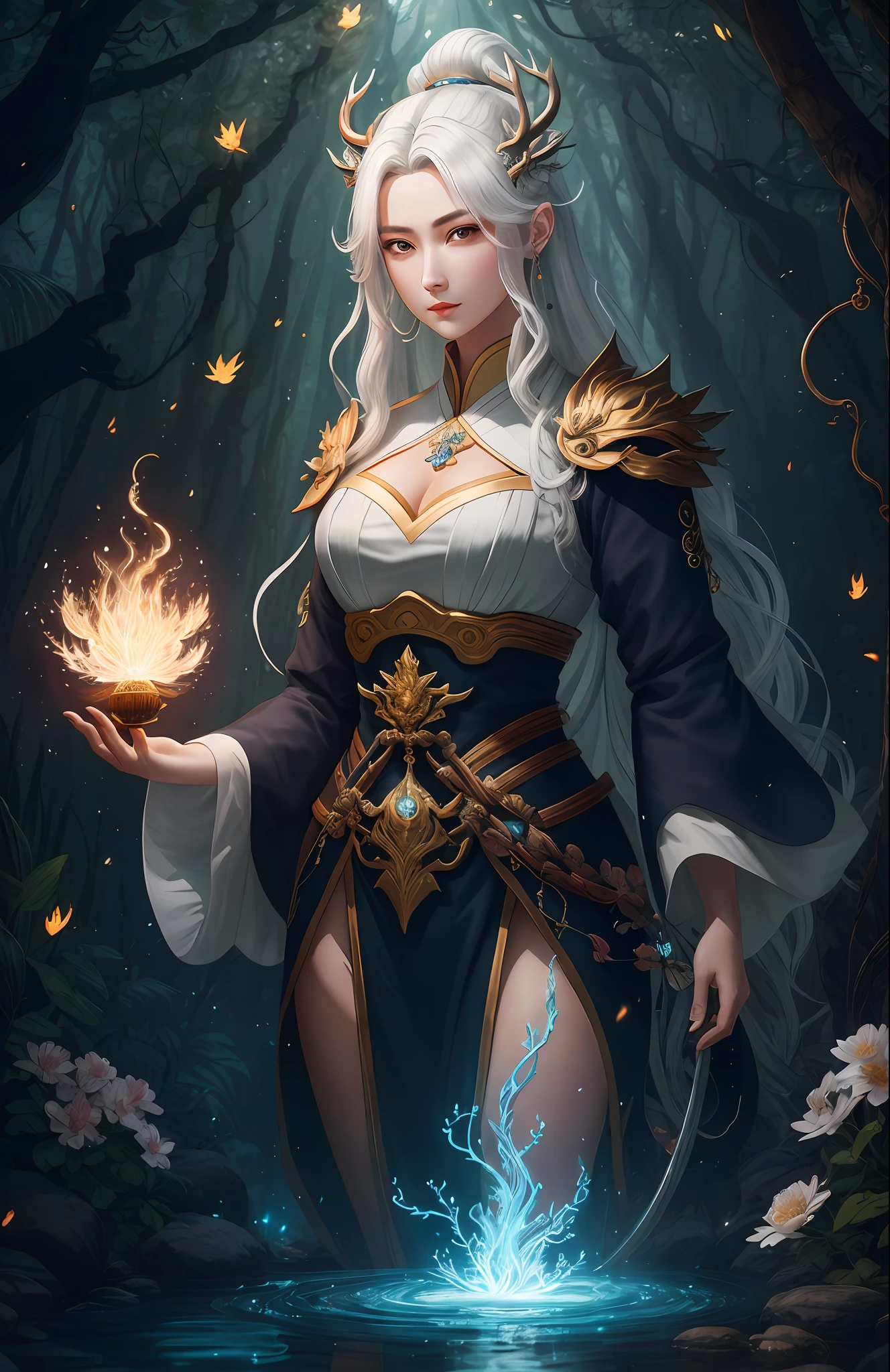 Masterpiece, best quality, (very detailed CG unified 8k wallpaper), (best quality), (best illustration), (best shadow), close-up of a beauty with white hair and white mask, beautiful figure painting, Guvitz, Guwiz style artwork, white-haired god, Yang J, epic exquisite character art, amazing character art, Fan Qi, Wu Zhun Shifan, Guwiz in pixiv art station, glowing elf, with a glowing deer, drinking water in the pool, Natural elements in forest theme. Mysterious forest, beautiful forest, nature, surrounded by flowers, delicate leaves and branches surrounded by fireflies (natural elements), (jungle theme), (leaves), (branches), (fireflies), (particle effects) and other 3D, Octane rendering, ray tracing, super detailed