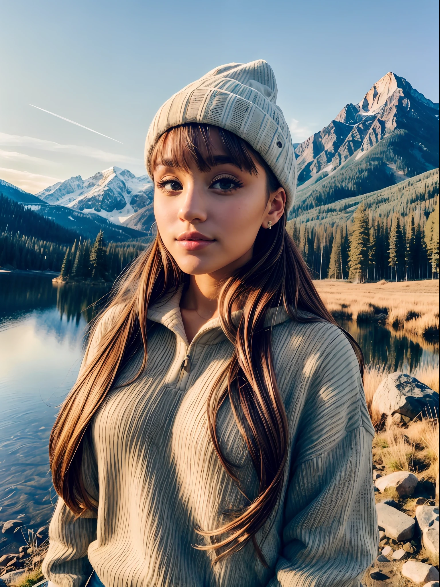 Ariana Grande ((upper body selfie, happy)), masterpiece, best quality, ultra-detailed, solo, outdoors, (night), mountains, nature, (stars, moon) cheerful, happy, backpack, sleeping bag, camping stove, water bottle, mountain boots, gloves, sweater, hat, flashlight, forest, rocks, river, wood, smoke, shadows, contrast, clear sky, analog style (look at viewer:1.2) (skin texture) (film grain:1.3), (warm hue, warm tone) :1.2), close up, cinematic light, sidelighting, ultra high res, best shadow, RAW, upper body, , wearing pullover
kodak vision 3,