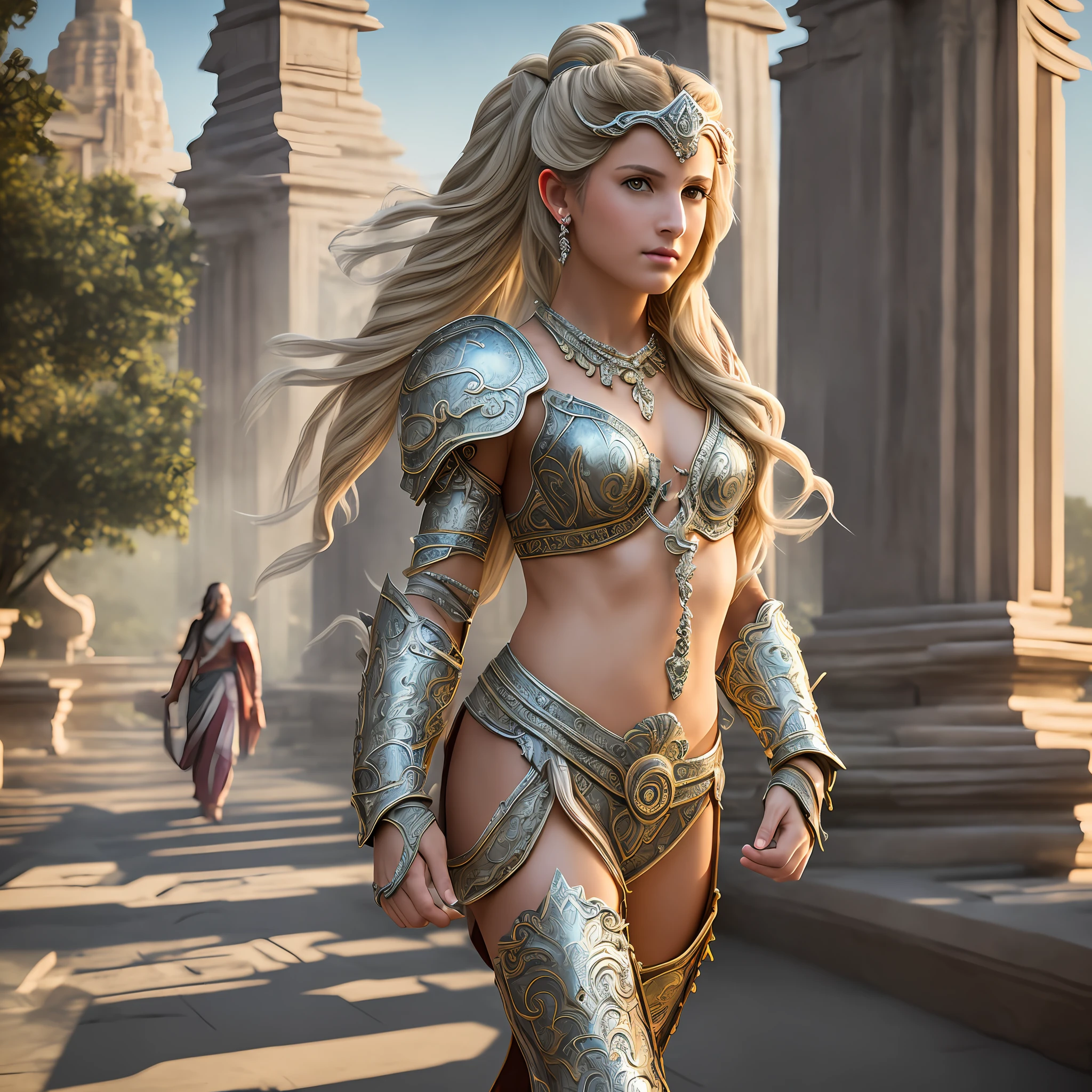 (8K, best quality: 1.2), (masterpiece: 1.37), (photo, photorealistic: 1.37), (ultra-high resolution), full body, walking pose, front shot, slow motion, female paladin using body full, (light silver armor: 1.2),(richly decorated armor), (amazingly detailed, bloom: 1.5), (high quality, Alessandro Casagrande, Greg Rutkowski, Sally Mann, concept art, 4k), 1.2), (high sharpness ), (detailed students: 1.1), detailed face and eyes, Masterpiece, best quality, (highly detailed photo: 1.1), (long blonde hair, ponytail, ecstatic: 1.1), (young: 1.1) , sharp, (perfect body:1.1), realistic, real shadow, 3d, (temple background:1.2), (by Michelangelo), photographed by Canan EOS R6, 135mm, 1/1250s, f/2.8, ISO 400