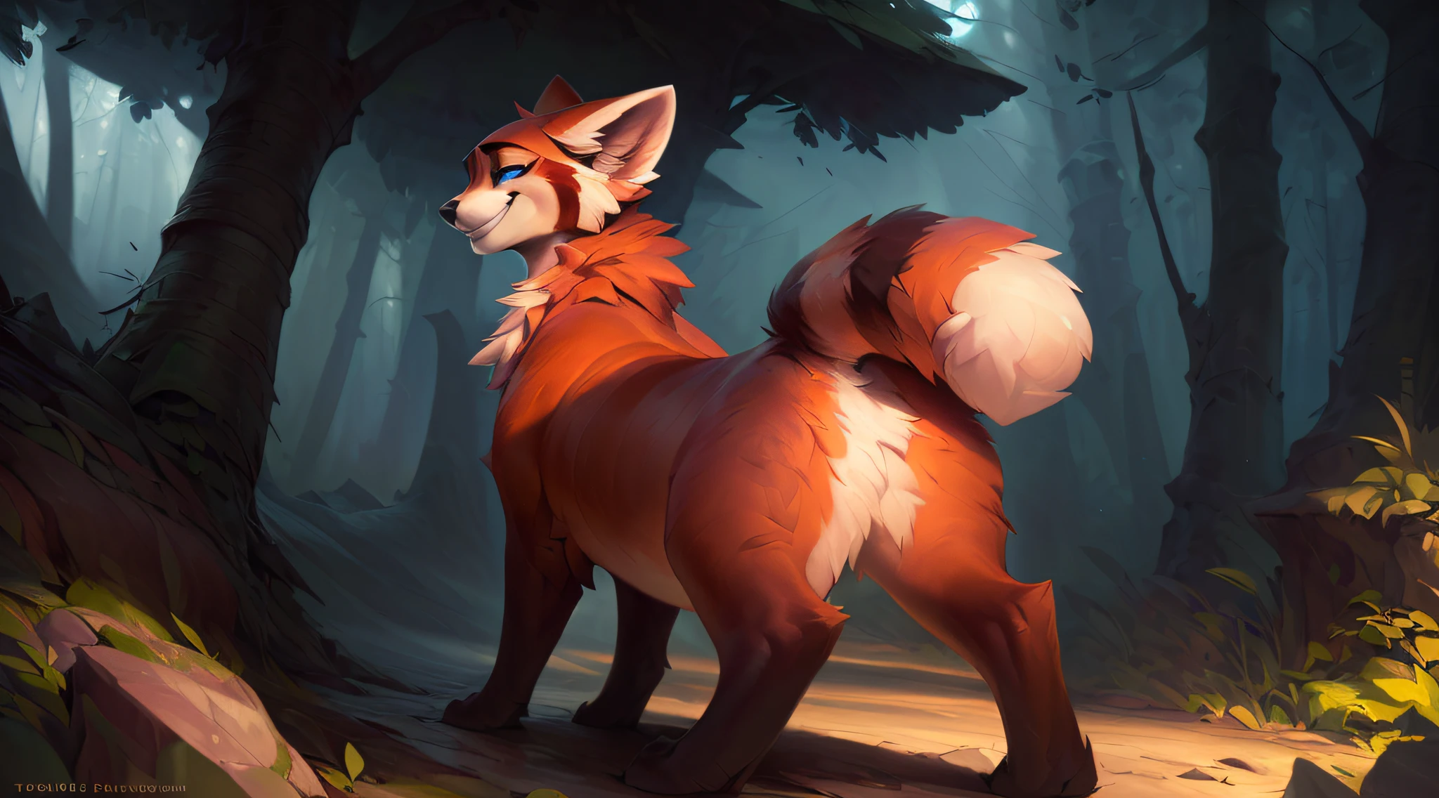 uploaded the e621, by Pixelsketcher, by Bayard Wu, by Thomas Benjamin Kennington , by Einshelm, solo (((wild))), red panda ((taur)) with (fluffy tail) and ((light navy blue eyes)), male, male, ((only)) male, ((male only)), ((voluminous chest)), ((fluffy neck)), ((portrait)), (detailed Bonifasko lighting), (detailed skin), (cinematic lighting), (detailed background)), [twilight ray], [detailed ambient light], [ambient light on belly],  (increased wildlife wildlife detail), [explicit content], [Sharp focus], (questionable content), rear view, artistic genitalia, (shading), fluffy tail, tail up, fluffy tail, ((masterpiece)), (detailed skin), ((detailed skin), ((seductive smile)), dynamic pose, ((seductive pose)), high butt