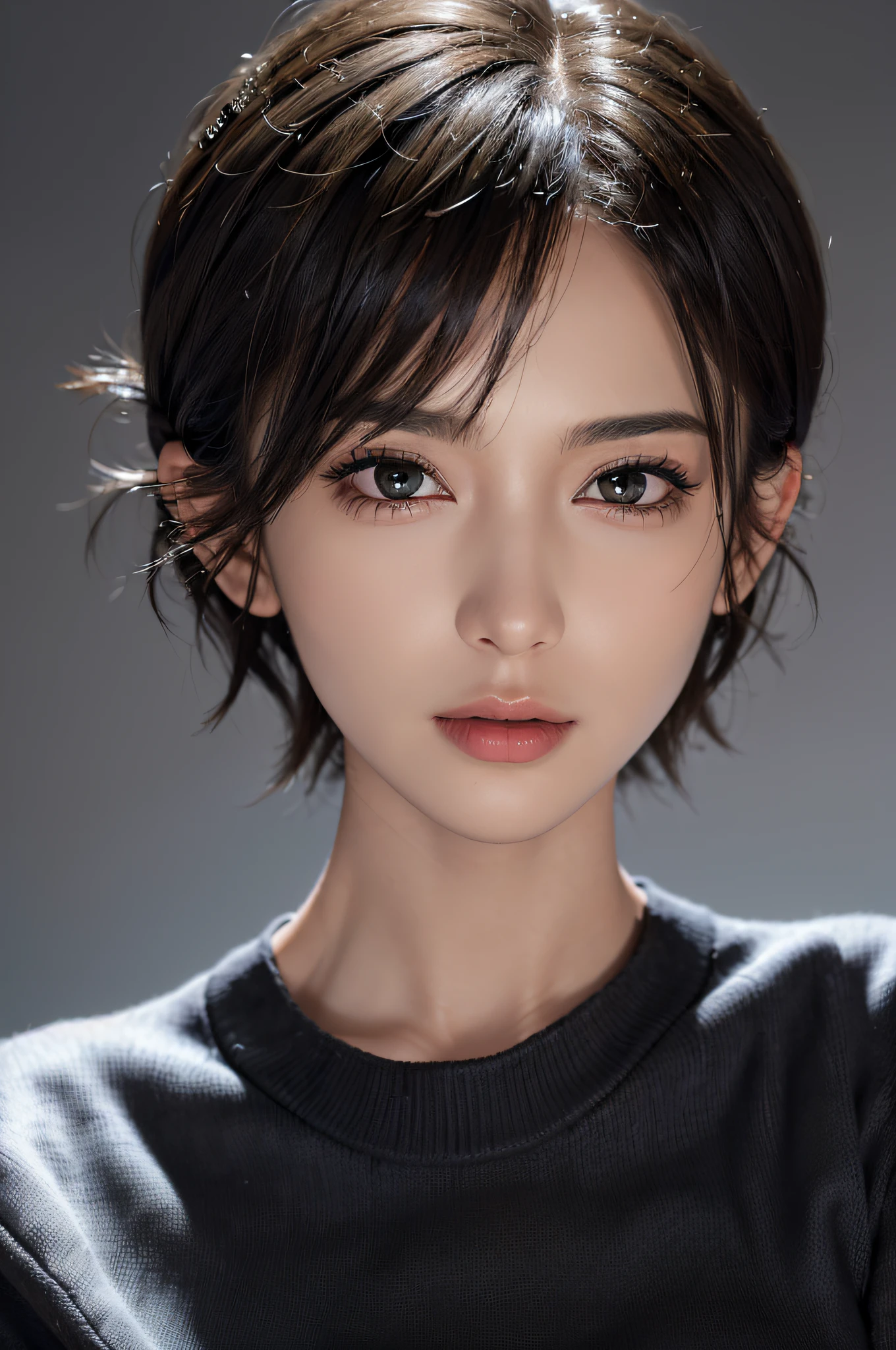 (masterpiece:1.3), (8k, photorealistic, RAW photo, best quality: 1.4), (1girl), beautiful face, (realistic face), (black hair, short hair:1.3), beautiful hairstyle, realistic eyes, beautiful detailed eyes, (realistic skin), beautiful skin, (sweater), absurdres, attractive, ultra high res, ultra realistic, highly detailed, golden ratio