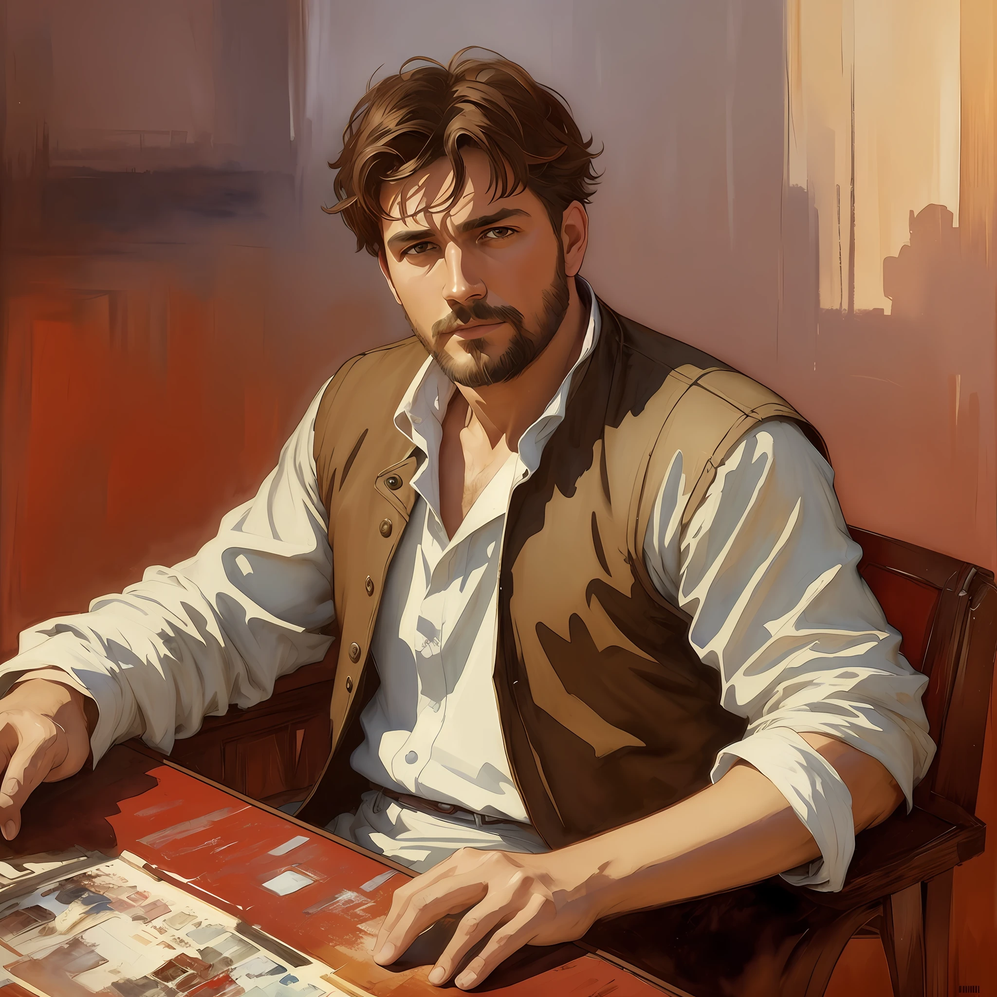 (Masterpiece) A stylized watercolor digital illustration, handsome and attractive attractive, fashion, middle-aged tanned fitted man, age 36 top angle shot, red skin, light brown short messy hair, hazel eyes, perfect face, extremely handsome man, big Greek nose, nice full lips, a big metropolis as the background, cinematic light, red shirt, cargo pants, biblical, gospel, digital painting, watercolor painting oil, painterly, by Jeremy Lipking, by Antonio J. Manzanedo, Alphonse Mucha, Fuller Graves, Bartolome Esteban Murillo, JC Leyendecker, Craig Mullins, Peter Paul Rubens Detailed Painting, CGSetivity, ArtStation HD, High Detail, Photorealism, Concept Art, ArtStation HD, official art, trend in the artstation, 8k. --auto --s2