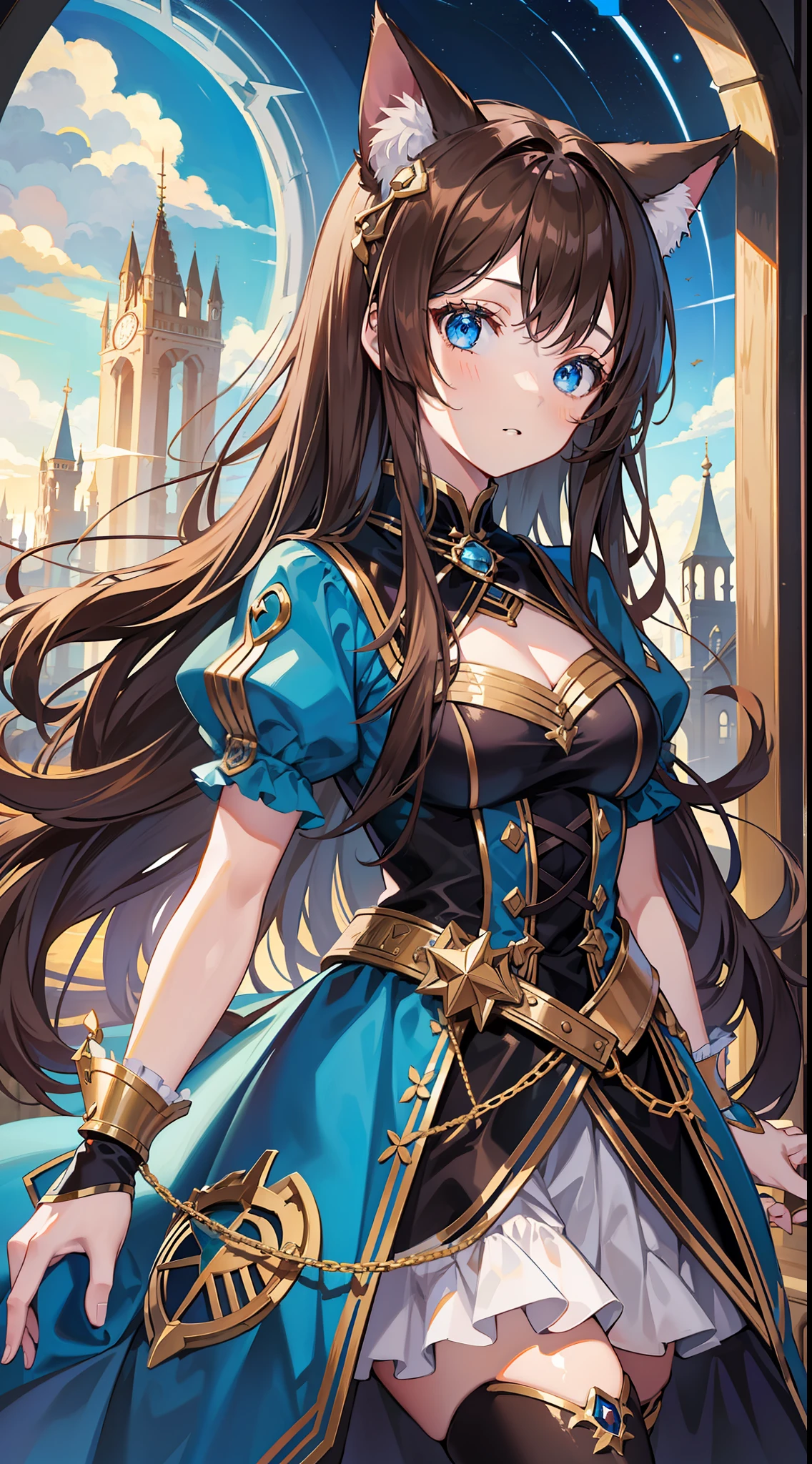 Young girl, long brown hair, blue eyes, cat ears, fantasy dress, masterpiece, high quality