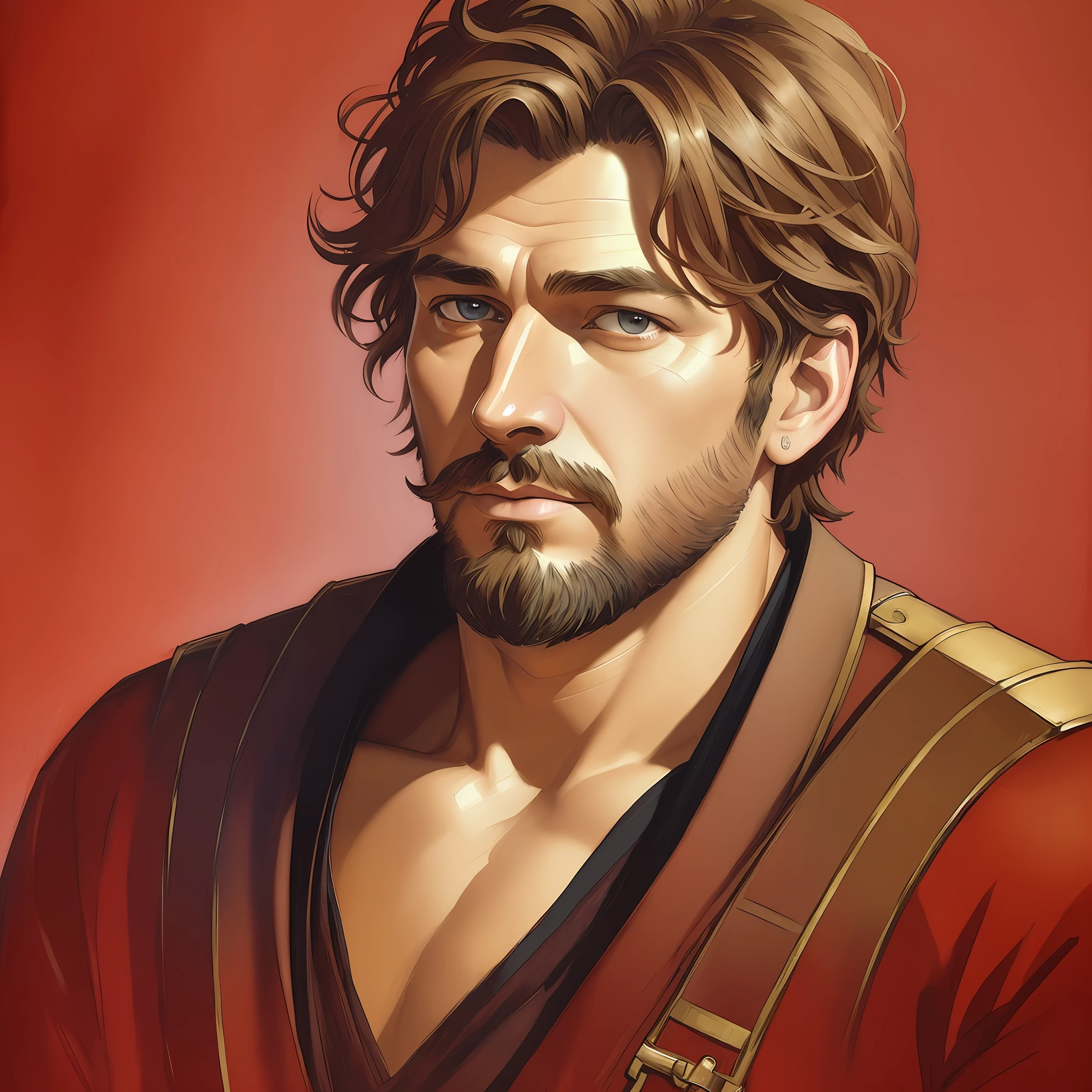 (Masterpiece) A stylized watercolor digital illustration, handsome and attractive attractive, fashion, middle-aged tanned fitted man, age 36 top angle shot, red skin, light brown short messy hair, hazel eyes, perfect face, extremely handsome man, big Greek nose, nice full lips, a big metropolis as the background, cinematic light, red shirt, cargo pants, biblical, gospel, digital painting, watercolor painting oil, painterly, by Jeremy Lipking, by Antonio J. Manzanedo, Alphonse Mucha, Fuller Graves, Bartolome Esteban Murillo, JC Leyendecker, Craig Mullins, Peter Paul Rubens Detailed Painting, CGSetivity, ArtStation HD, High Detail, Photorealism, Concept Art, ArtStation HD, official art, trend in the artstation, 8k. --auto --s2