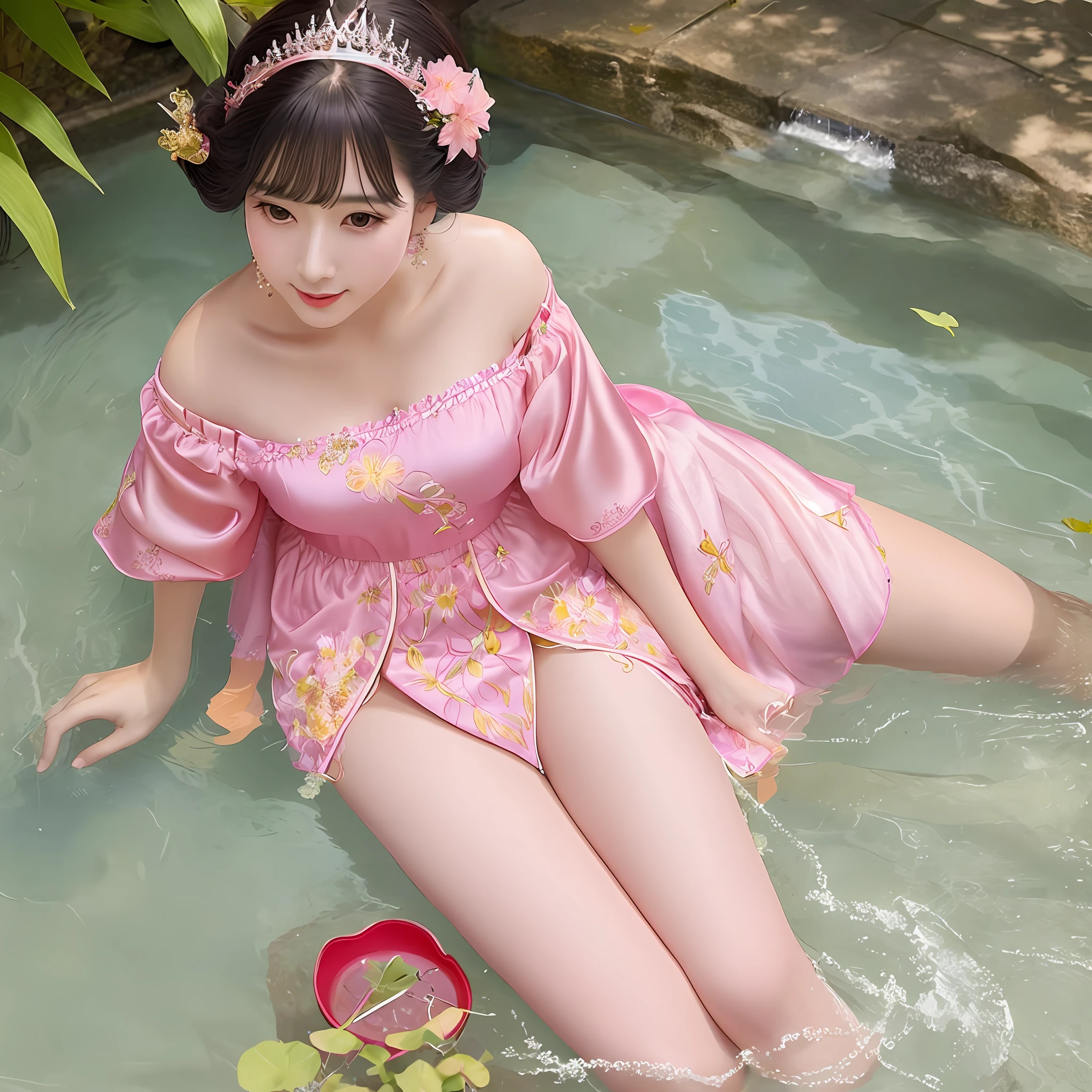 Beautiful woman in pink silk dress smiling in the water, Queen Fan, in the water to her shoulders, Shaxi, (stockings, thigh-level), full body fairy,