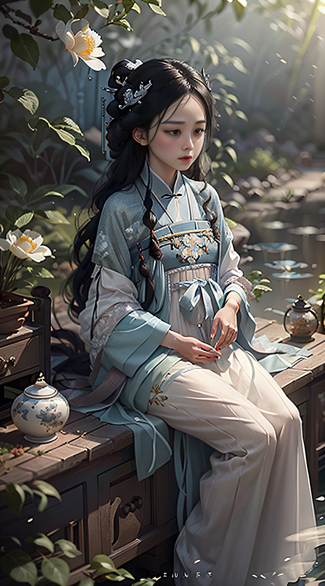 Best Quality, Masterpiece, Ultra High Resolution, Poster, Fantasy Art, Dynamic Lighting, Art Station, Poster, Volumetric Lighting, Very Detailed Faces, 4k Wallpaper, Award-Awarded, Chinese Style, An Adult Woman, Side Face, Quiet, Sad, Light Blue Hanfu, Tulle Coat, Long Black Hair, Light Blue Fringed Hair Ornament, Hairpin, White Ribbon, White Flowers, Light Blue Butterfly Flying, Ancient Chinese Garden, Sitting by the Pond, Hazy Mist, Lots of Bamboo in the background, Small Bamboo, Little Bird Flying, Dramatic Composition, Movie Light Effects,