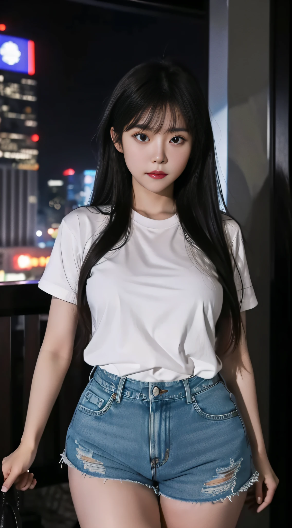 A Chinese woman on the rooftop of a tall building at night, with fluffy hair, delicate face, bright, real girl, large aperture, slender, wearing denim shorts, black stockings, loose T-shirt, letter T-shirt, close-up shot, plump, slightly fat,