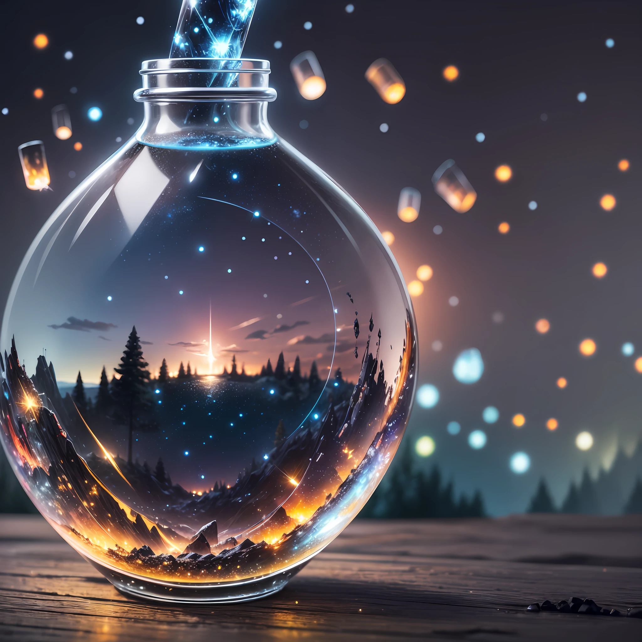 Computer, realistic fantasy, extensive landscape ultrasonic photography (general view showing glass bottle, glass, ice, fireflies, meteor shower, ), blurred background, gloomy, magic, ice --auto --s2