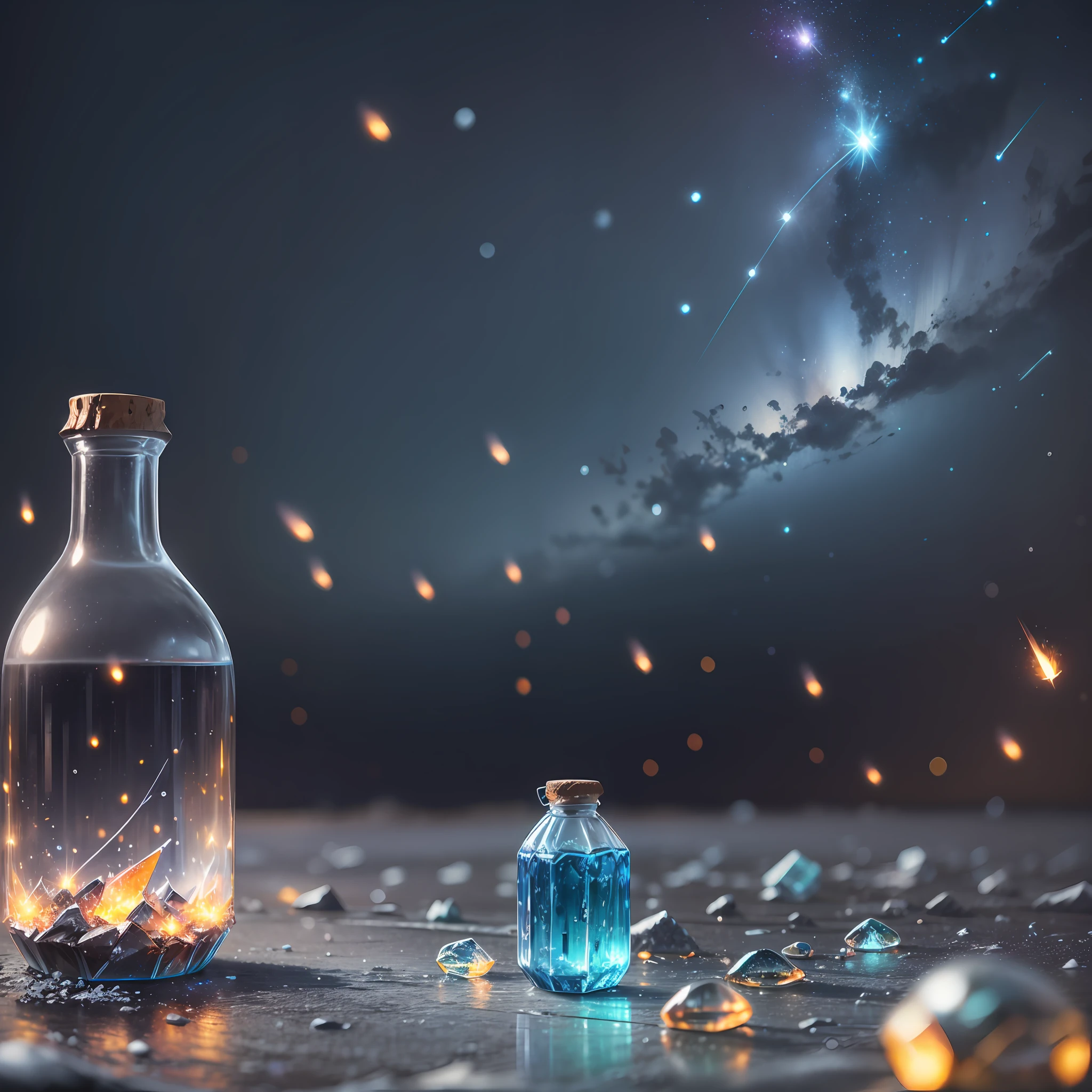 Computer, realistic fantasy, extensive landscape ultrasonic photography (general view showing glass bottle, glass, ice, fireflies, meteor shower, ), blurred background, gloomy, magic, ice --auto --s2