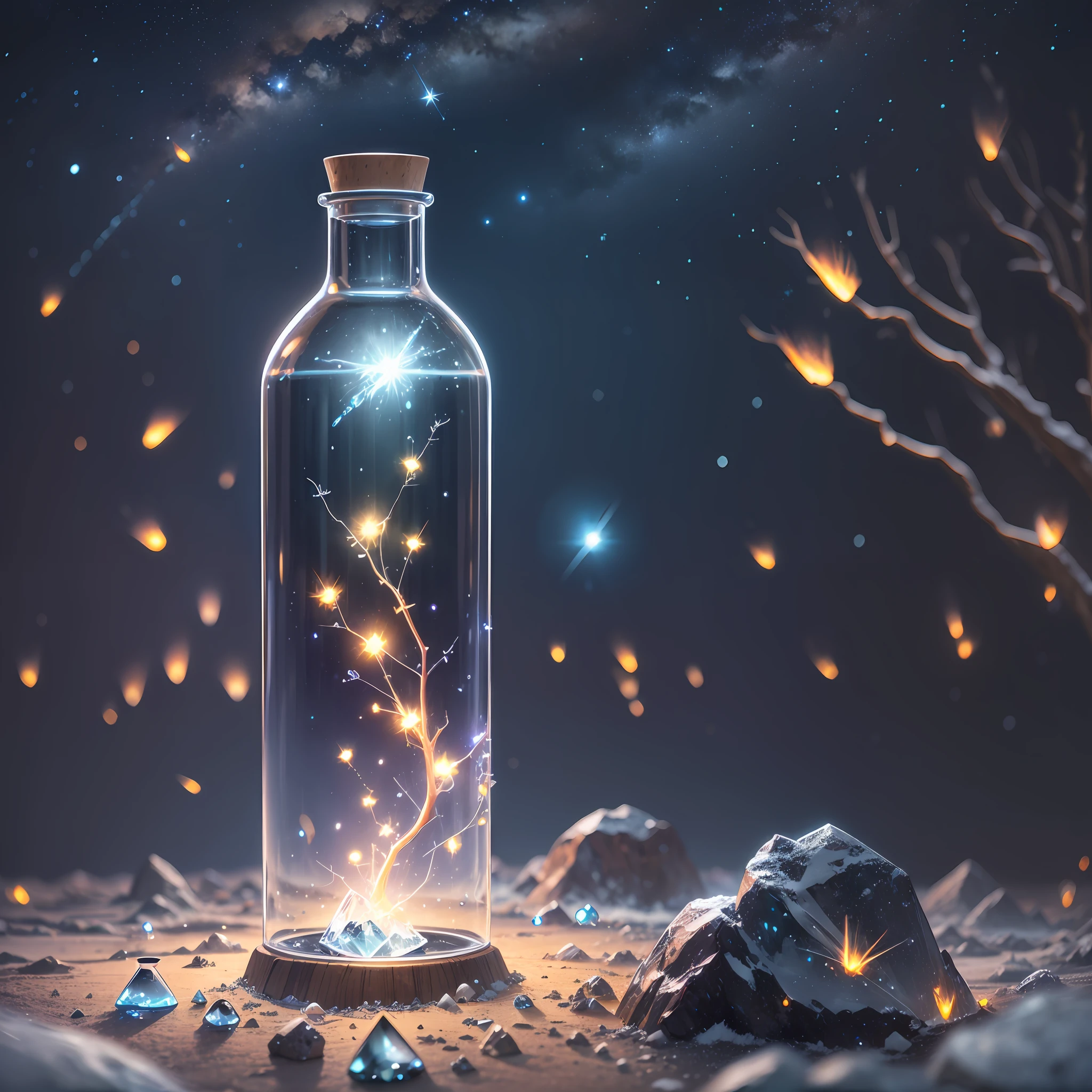 Computer, realistic fantasy, extensive landscape ultrasonic photography (general view showing glass bottle, glass, ice, fireflies, meteor shower, ), blurred background, gloomy, magic, ice --auto --s2