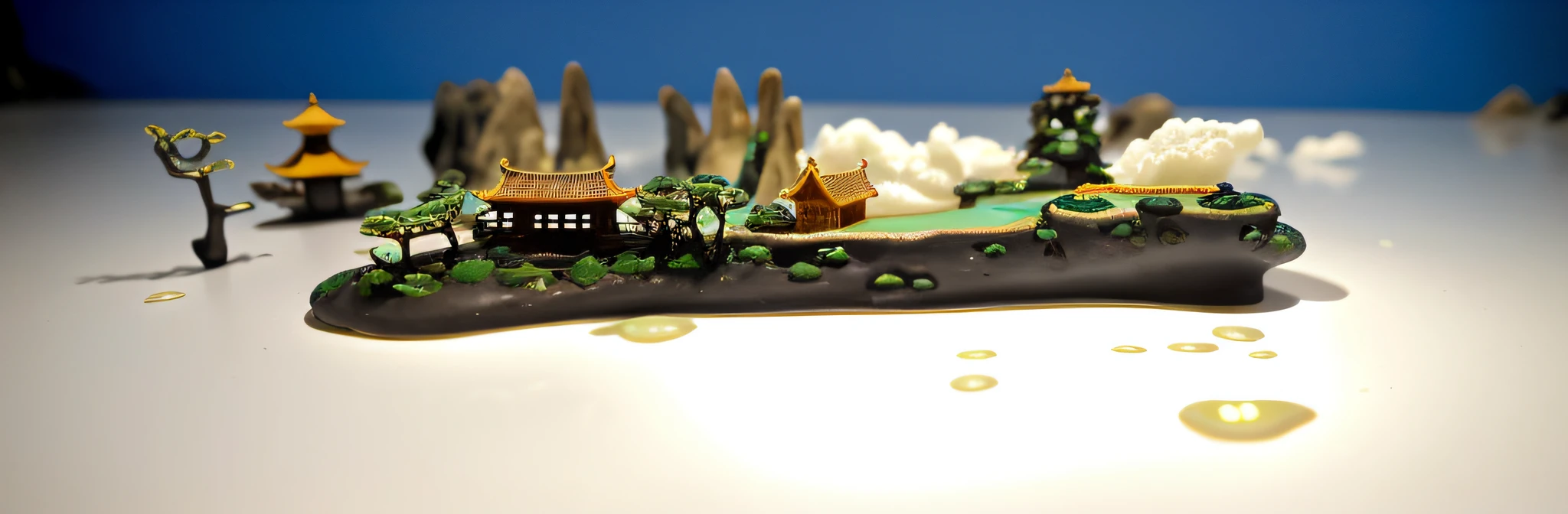 8,000 years old Anthony. Gaudí style Asian house, in the sea, sea water in the foreground, middle view on a mine hill, twisted weird cliff cypress trees, mountain peaks, diorama macro photography in the background, lying in a white cloud wonderland, liquid clouds, emitting spore clouds, surreal water art, badly damaged walls, glowing flower-shaped clouds, slimy reflections, primitivism, photos taken with Sony A7R camera, clear focus on the landscape,