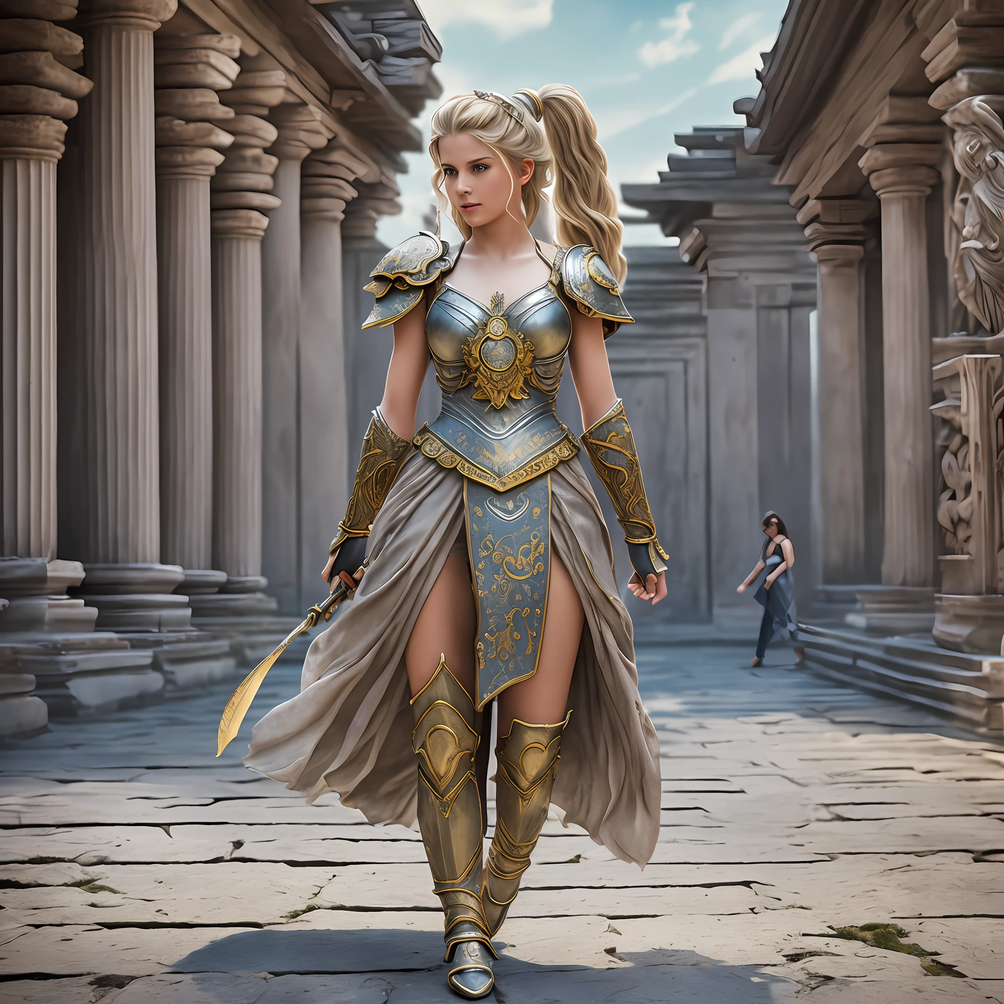 (8K, best quality: 1.2), (masterpiece: 1.37), (photo, photorealistic: 1.37), (ultra-high resolution), full body, walking pose, front shot, slow motion, female paladin using body full, (light silver armor: 1.2),(richly decorated armor), (amazingly detailed, bloom: 1.5), (high quality, Alessandro Casagrande, Greg Rutkowski, Sally Mann, concept art, 4k), 1.2), (high sharpness ), (detailed students: 1.1), detailed face and eyes, Masterpiece, best quality, (highly detailed photo: 1.1), (long blonde hair, ponytail, ecstatic: 1.1), (young: 1.1) , sharp, (perfect body:1.1), realistic, real shadow, 3d, (temple background:1.2), (by Michelangelo), photographed by Canan EOS R6, 135mm, 1/1250s, f/2.8, ISO 400