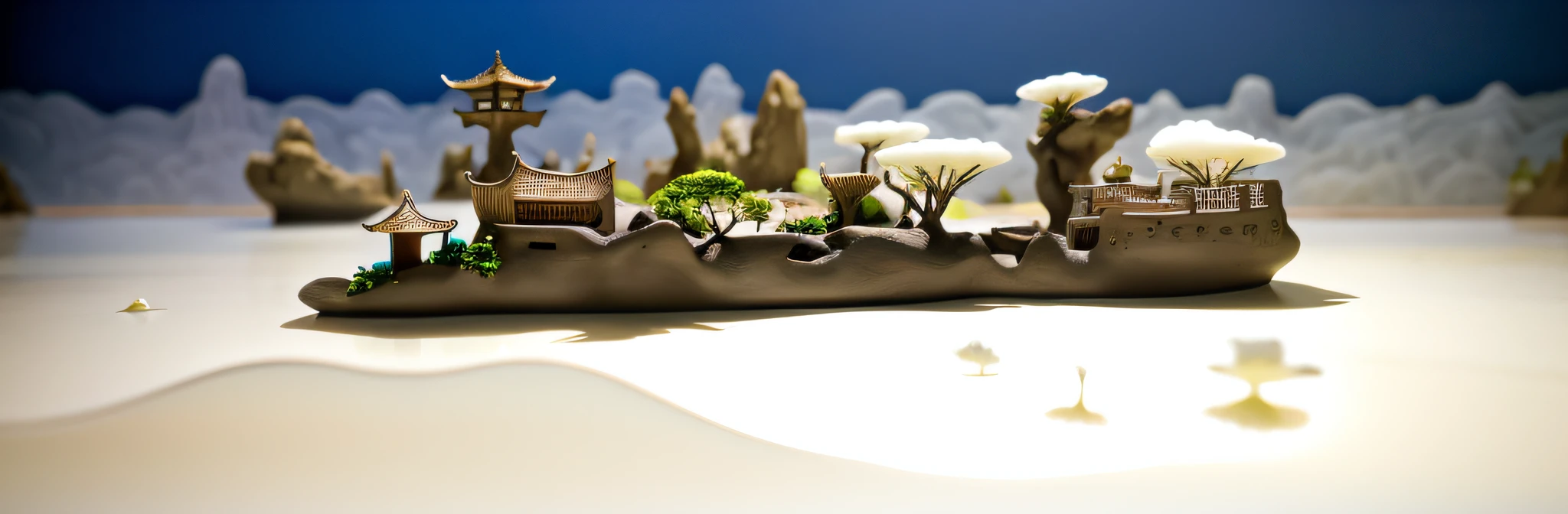 8,000 years old Anthony. Gaudí style Asian house, in the sea, sea water in the foreground, middle view on a mine hill, twisted weird cliff cypress trees, mountain peaks, diorama macro photography in the background, lying in a white cloud wonderland, liquid clouds, emitting spore clouds, surreal water art, badly damaged walls, glowing flower-shaped clouds, slimy reflections, primitivism, photos taken with Sony A7R camera, clear focus on the landscape,