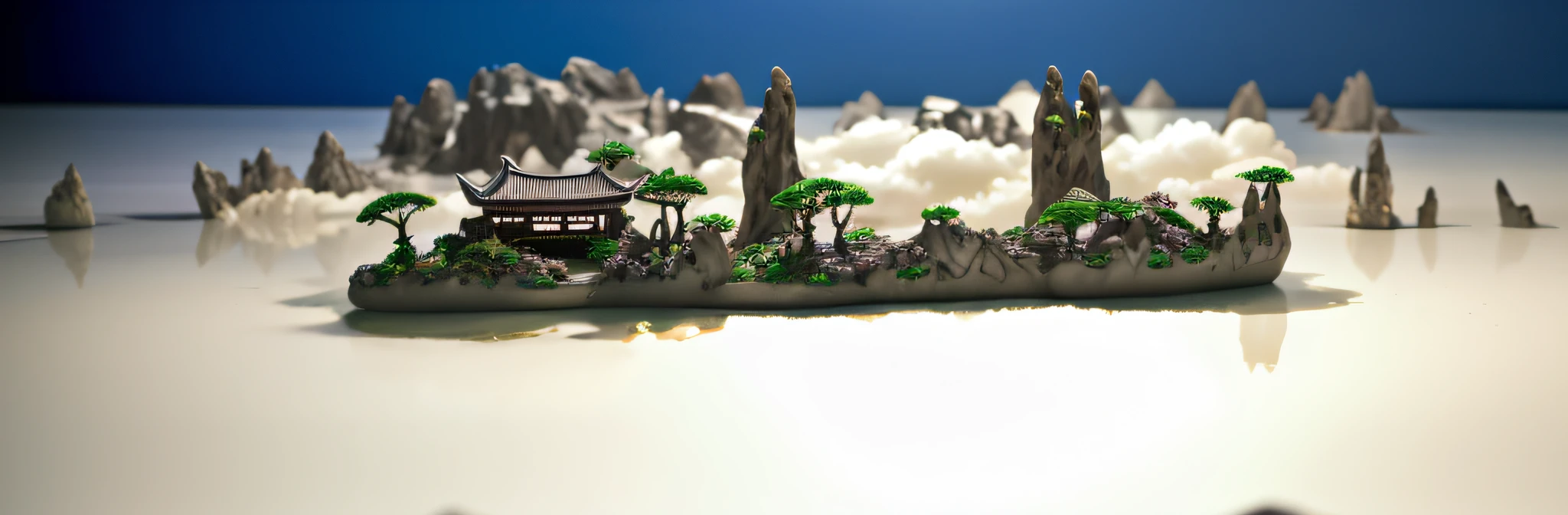 8,000 years old Anthony. Gaudí style Asian house, in the sea, sea water in the foreground, middle view on a mine hill, twisted weird cliff cypress trees, mountain peaks, diorama macro photography in the background, lying in a white cloud wonderland, liquid clouds, emitting spore clouds, surreal water art, badly damaged walls, glowing flower-shaped clouds, slimy reflections, primitivism, photos taken with Sony A7R camera, clear focus on the landscape,