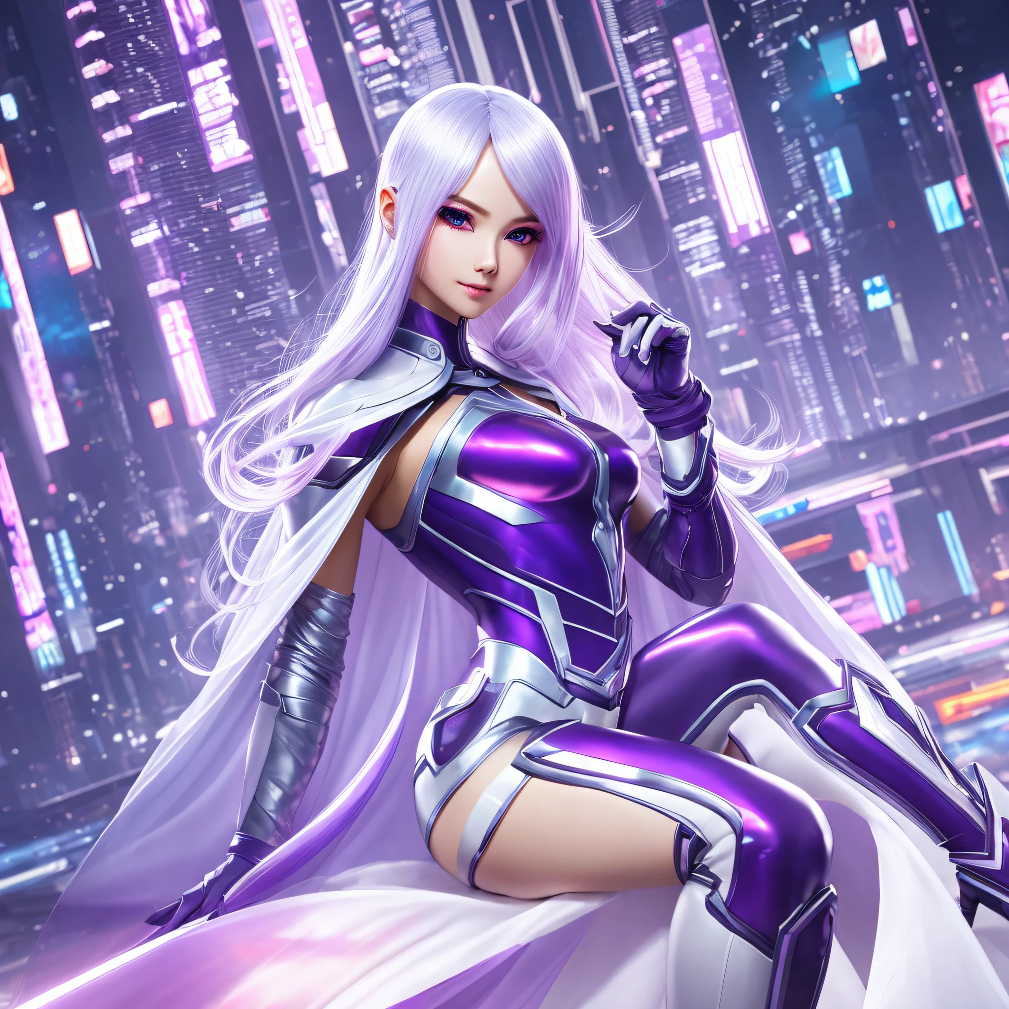 High-quality CG cyberbeauty, gorgeous details, bright colors, dynamic, charming side face, pearlescent matte hair, clear and translucent eyes, smooth skin, futuristic, full of technology, cyberpunk pose, blue-purple gloves, tights, white fabric cape, fascinating. --auto --s2