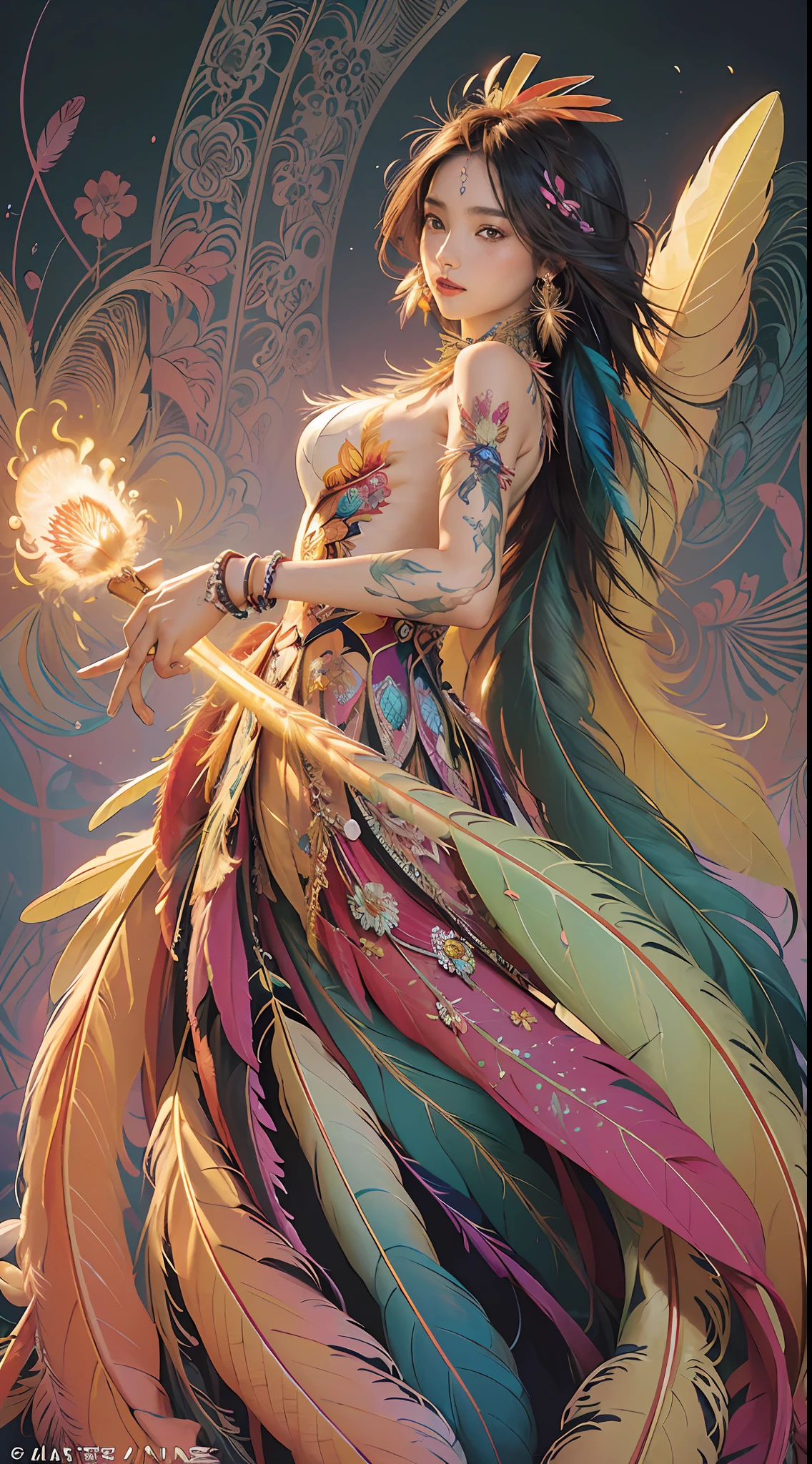 (masterpiece, top quality, best quality, official art, beautiful and aesthetic:1.2), (1girl:1.3), extremely detailed,(fractal art:1.1),(colorful:1.1)(flowers:1.3),highest detailed,(zentangle:1.2), (dynamic pose), (abstract background:1.3), (shiny skin), (many colors:1.4), ,(earrings), (feathers:1.5) , (Flamethrower:1.3),red background,Phoenix dress,