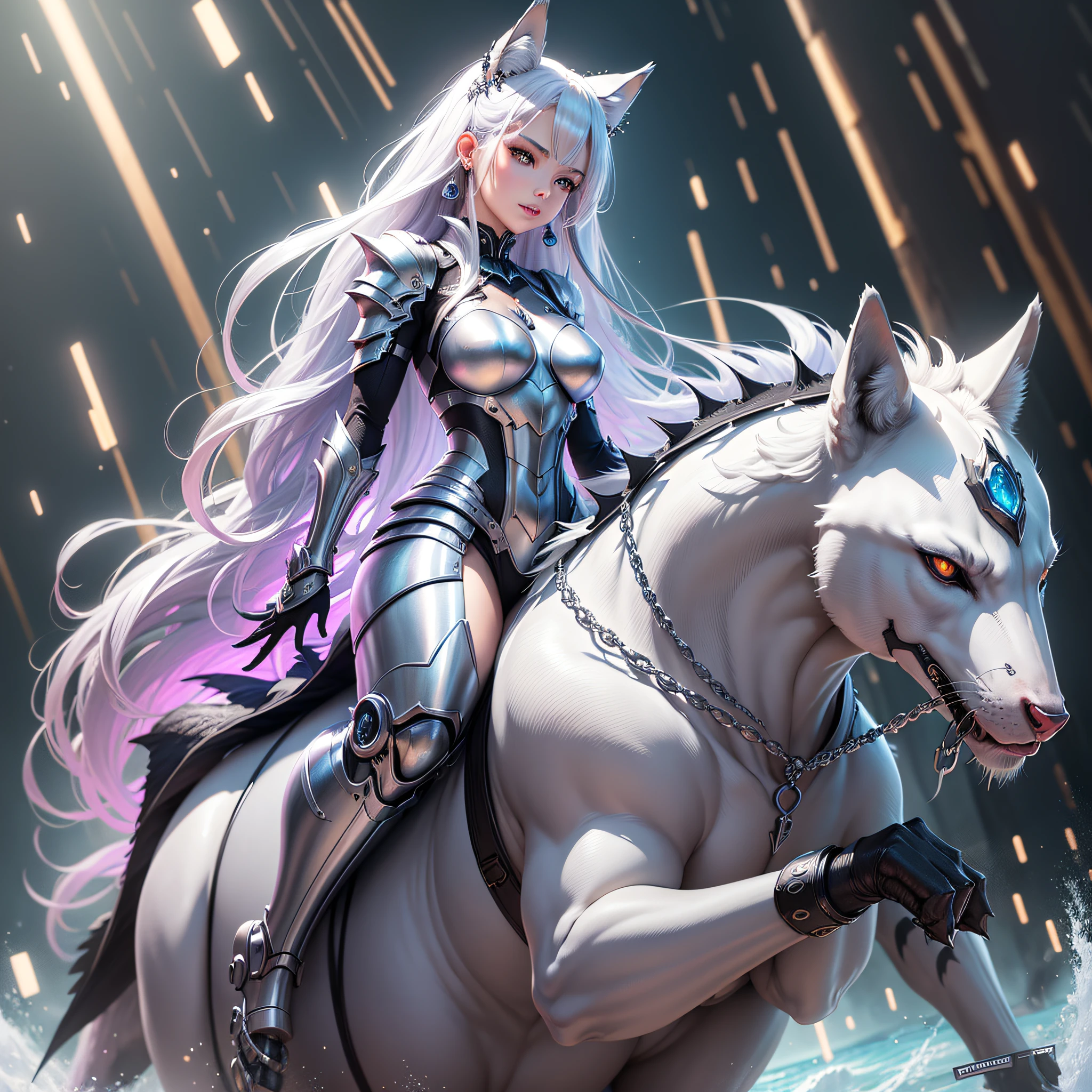 anatomically correct, ultra high definition, high resolution, hyper realism, Life like sexy anime cyborg cat girl with long white hair and blue eyes, full body portrait, white and black battle dress, battle armor, life like characteristics,ultra realism, Soft smile, riding a mystical black dragon,apocalyptic background, naughty pose, hyper realistic, 3 d anime realistic, advanced digital anime art,extremely detailed art germ, 8k high quality detailed art, solo,full body portrait, amazing beauty,, dynamic pose, delicate face, vibrant eyes, (from the front), silver hair, streaked hair, very long hair, expressive hair, multicolored eyes, aqua eyes, purple eyes, fox ears,heart earrings, earrings, light smile, shy, blush, parted lips, licking lips, heavy breathing, naughty face, naughty, sparkle, god rays, super detail, high quality, anatomically correct, textured skin, best quality,full body portrait,silver wolf,seen from below,guweiz on artstation pixiv, forest back ground, resolution 4098x2160, 8k  @Laicos --auto --s2