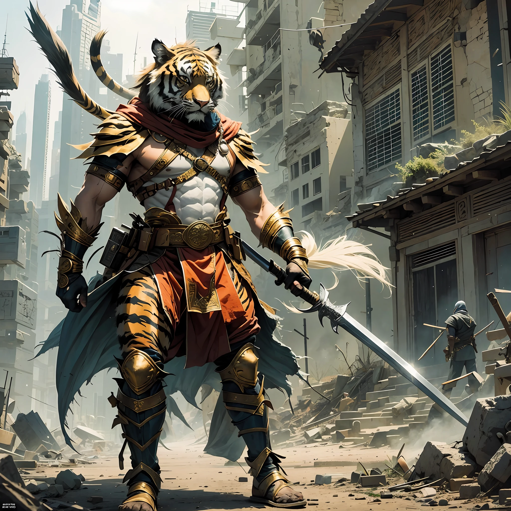 A tiger-man wearing the clothes of an Arab warrior, with a turban, clothes covering his body, with an Arab sword in his left hand and a round shield in his right hand, he walks through the destroyed city --auto --s2