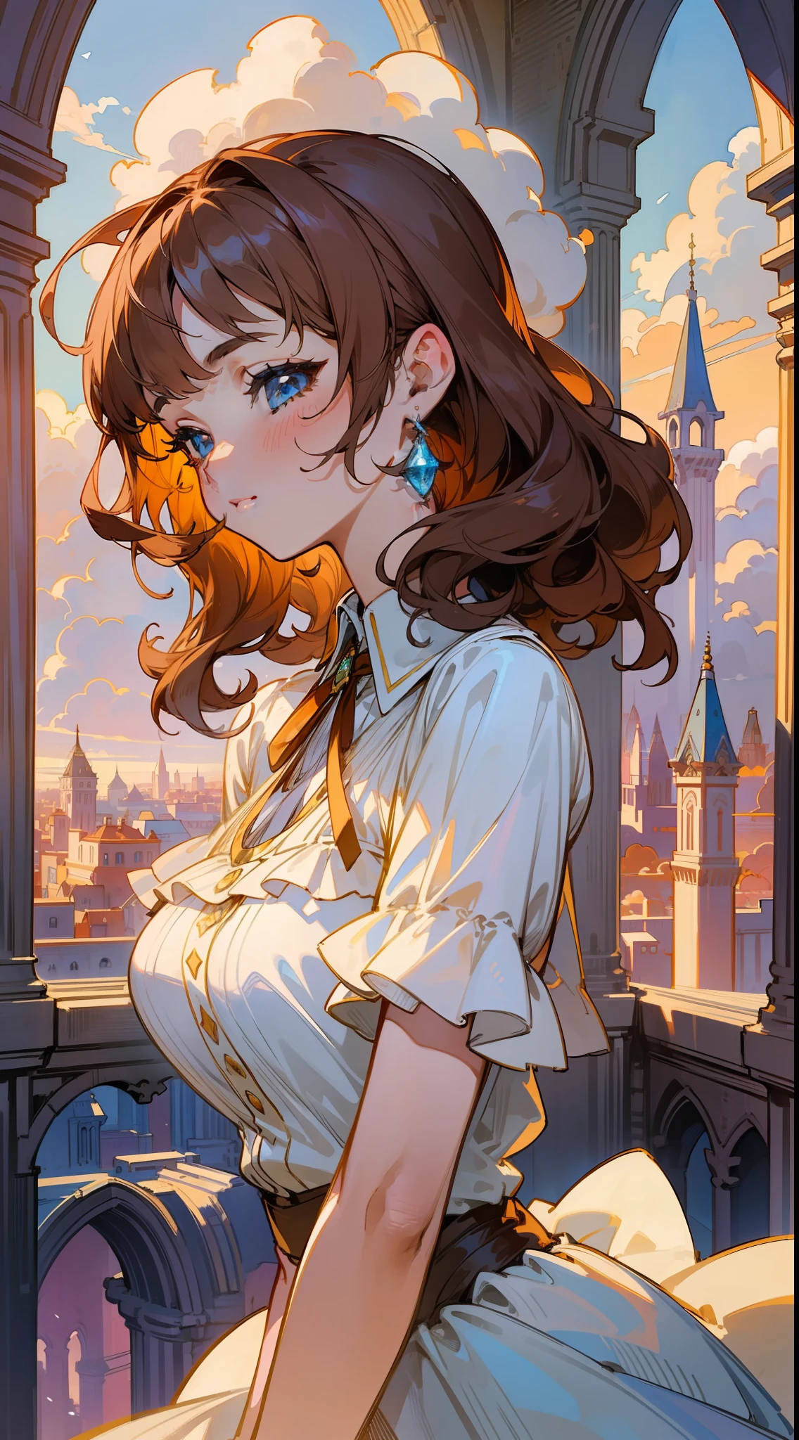 "((masterpiece))), best quality, ultra detailed, high resolution 8k CG wallpaper, stunning, delicate and beautiful illustration, dynamic angle, dynamic pose, (1 girl), blue eyes, (brown hair + luminous hair: 1.3 + curly hair: 1.2 + short hair + perfect hair: 1.3 + ultra detailed hair: 1.3), Victorian white linen, not sexy, neck ribbon, beautiful face, (fantasy city),  Clouds, sunset, panoramic view, watercolor. "