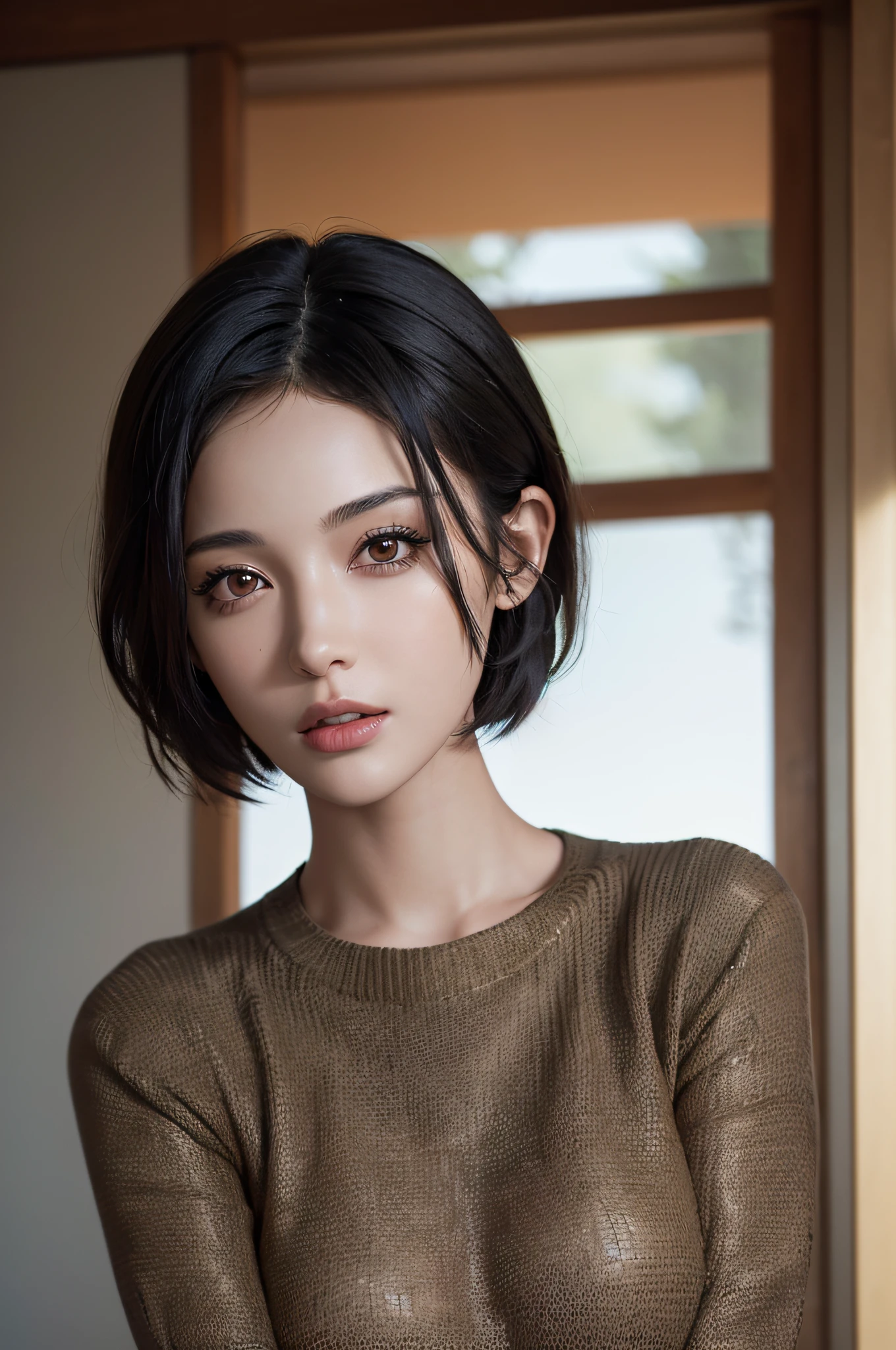 (masterpiece:1.3), (8k, photorealistic, RAW photo, best quality: 1.4), (1girl), beautiful face, (realistic face), (black hair, short hair:1.3), beautiful hairstyle, realistic eyes, beautiful detailed eyes, (realistic skin), beautiful skin, (sweater), absurdres, attractive, ultra high res, ultra realistic, highly detailed, golden ratio