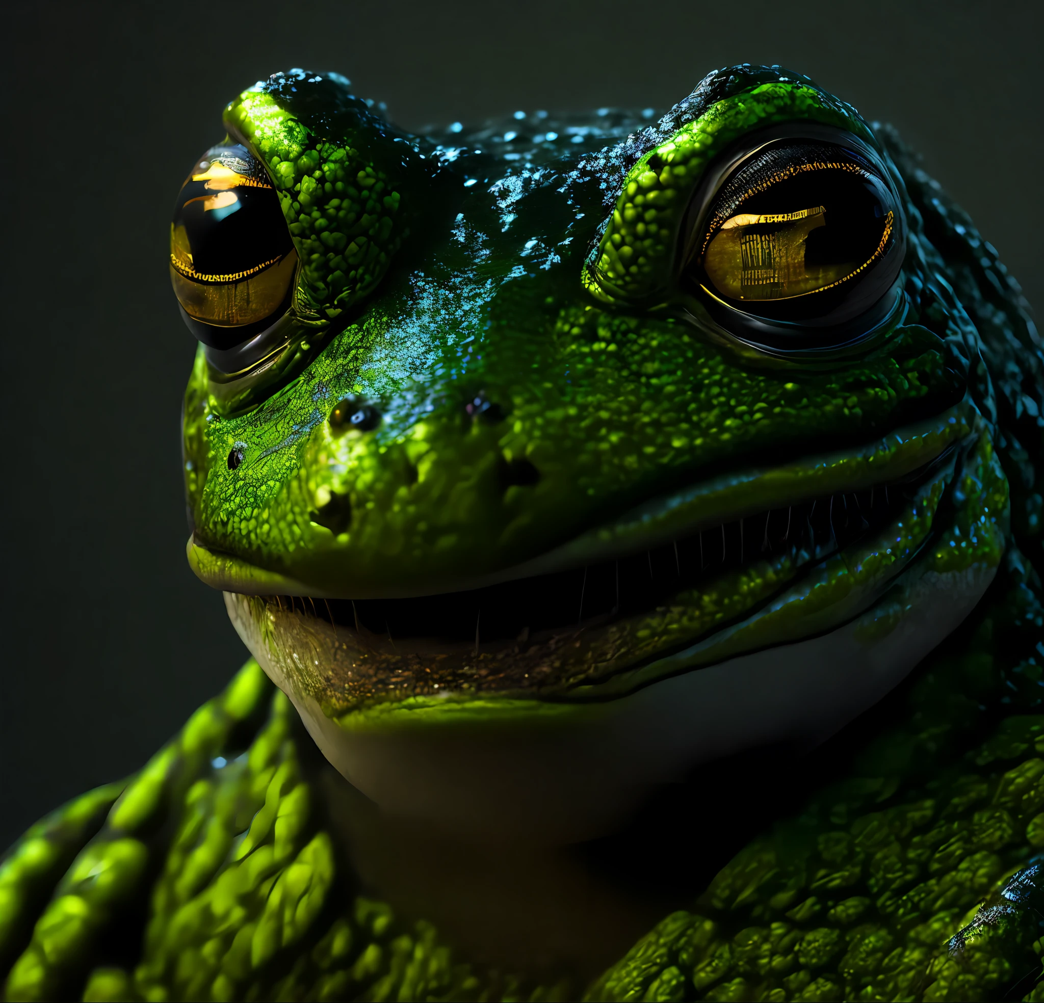 (very detailed, masterpiece), 8K, bright lighting, dramatic shadows, humanoid frog monster here big face, sharp crescent-shaped eyes, no protruding nose but two snake-like holes, long hair that glows black, shining circular plates on the top of the head that absorb light, skin covered with a slimy green mossy membrane, whole body in the frame, wobbly movements.
