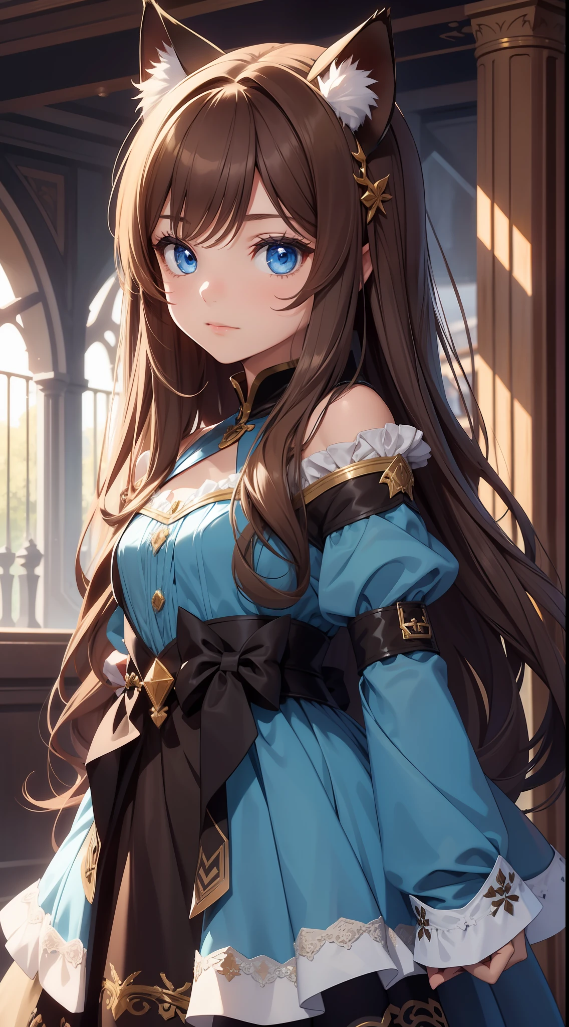 Young girl, long brown hair, blue eyes, cat ears, fantasy dress, masterpiece, high quality