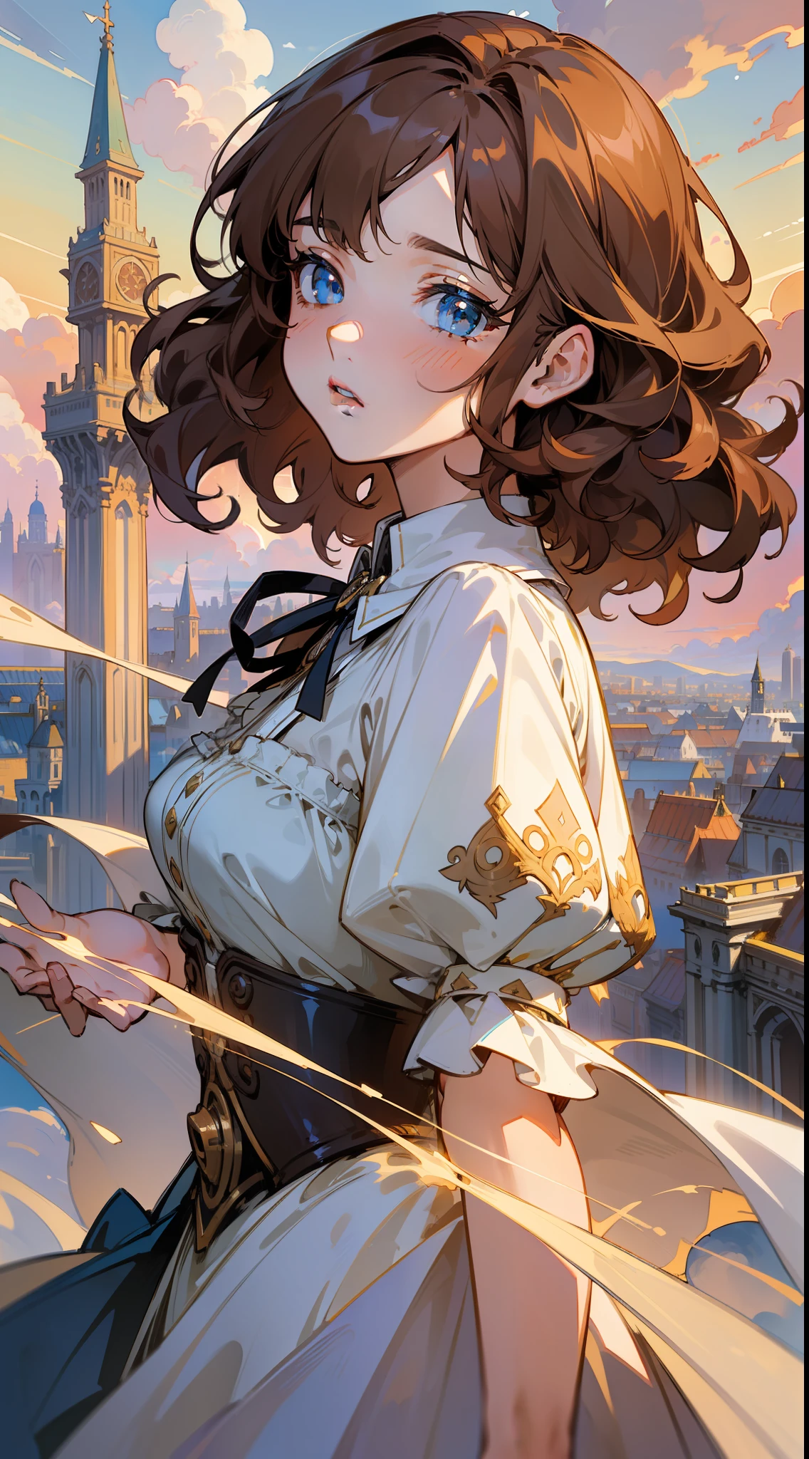 "((masterpiece))), best quality, ultra detailed, high resolution 8k CG wallpaper, stunning, delicate and beautiful illustration, dynamic angle, dynamic pose, (1 girl), blue eyes, (brown hair + luminous hair: 1.3 + curly hair: 1.2 + short hair + perfect hair: 1.3 + ultra detailed hair: 1.3), Victorian white linen, not sexy, neck ribbon, beautiful face, (fantasy city), Clouds, sunset, panoramic view, watercolor. "