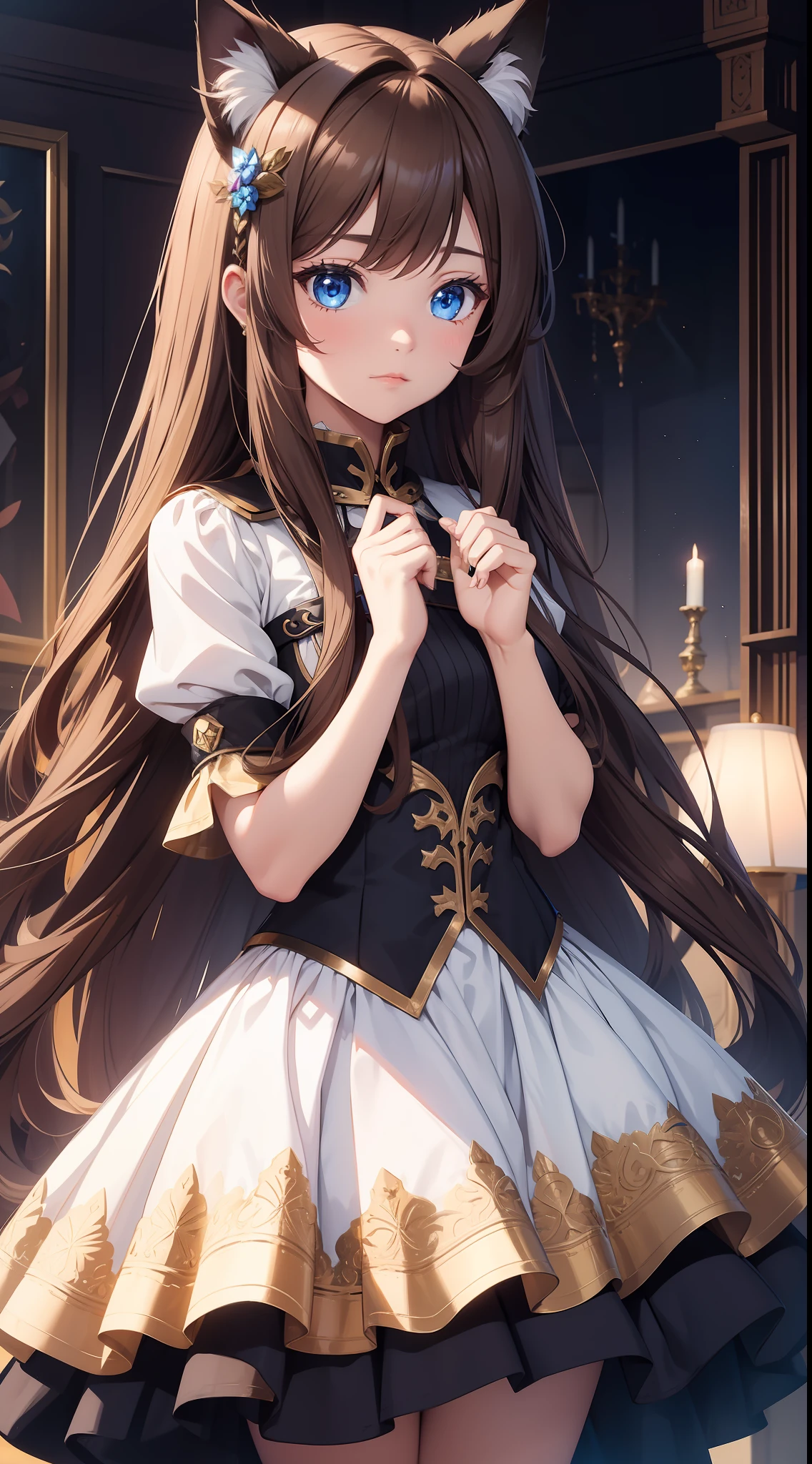 Young girl, long brown hair, blue eyes, cat ears, fantasy dress, masterpiece, high quality