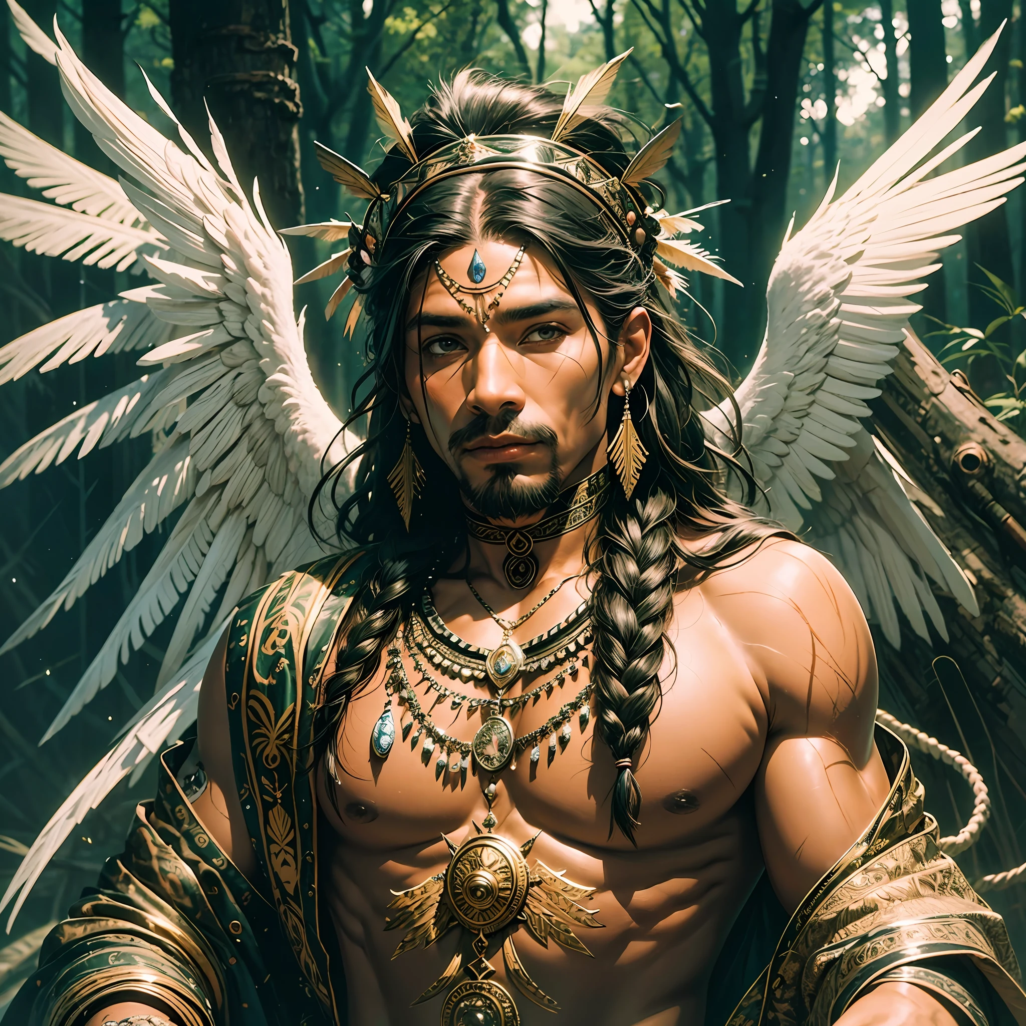 (masterpiece: 1.5, best quality: 1.5), realistic, (hyper realistic: 1.5), (realistic photo: 1.5), (real image, intricate details), looking at the viewer, (8k wallpaper: 1.5) (from knee to head: 1.15), (detailed face: 1.5), (detailed eyes: 1.5), (sharp photo), highly detailed, ultra-detailed, indigenous man, with headdress, painted face, strong, muscular, sensual, in a forest, with trees (from knee to head: 1.15) Man 40 years old, muscular, with angel wings, black skinned, with crooked hair, brown eyes, sensual, holding in his hand an arrow, with an inspiring and romantic look --auto --s2