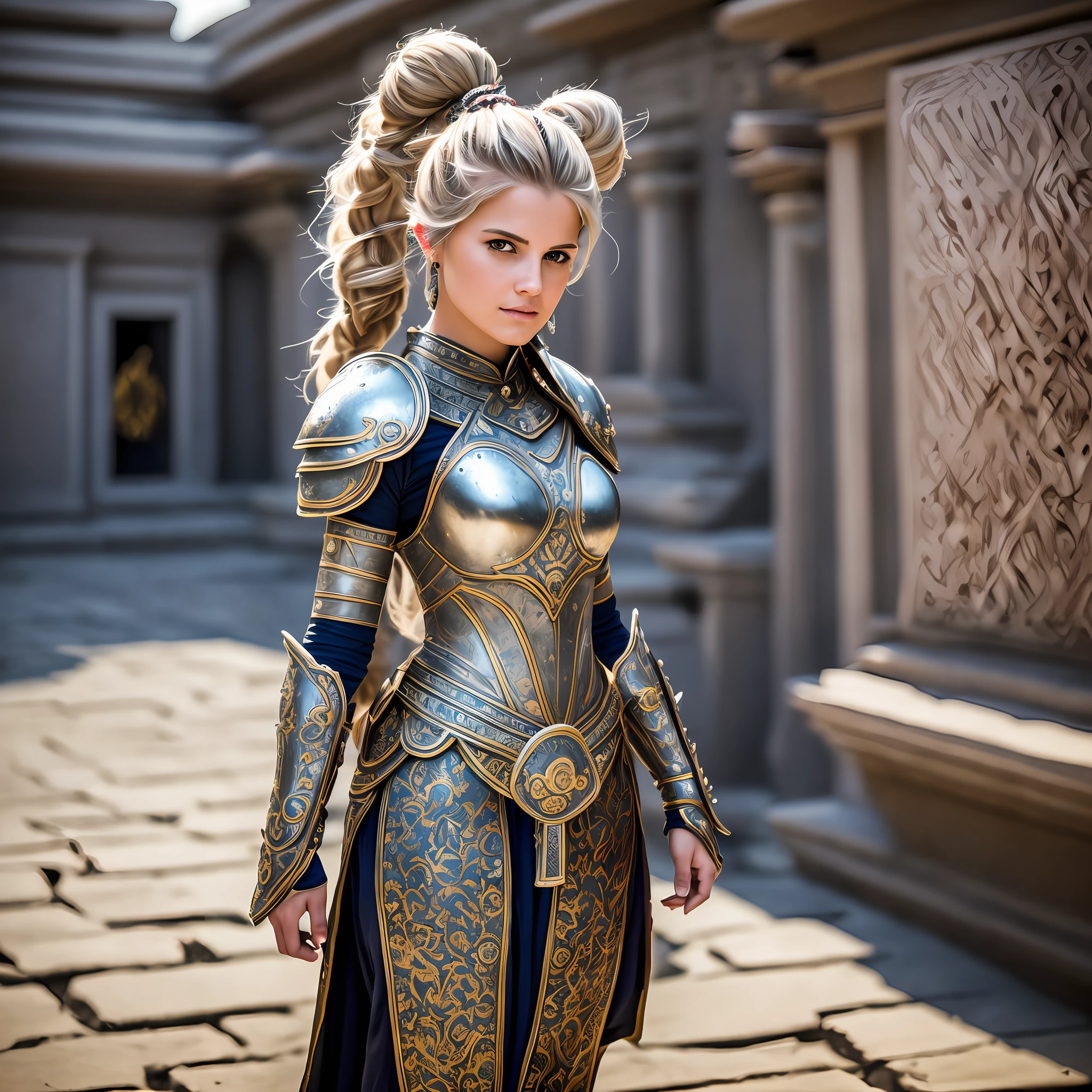 (8K, best quality: 1.2), (masterpiece: 1.37), (photo, photorealistic: 1.37), (ultra-high resolution), full body, walking pose, front shot, slow motion, female paladin using body full, (light silver armor: 1.2),(richly decorated armor), (amazingly detailed, bloom: 1.5), (high quality, Alessandro Casagrande, Greg Rutkowski, Sally Mann, concept art, 4k), 1.2), (high sharpness ), (detailed students: 1.1), detailed face and eyes, Masterpiece, best quality, (highly detailed photo: 1.1), (long blonde hair, ponytail, ecstatic: 1.1), (young: 1.1) , sharp, (perfect body:1.1), realistic, real shadow, 3d, (temple background:1.2), (by Michelangelo), photographed by Canan EOS R6, 135mm, 1/1250s, f/2.8, ISO 400