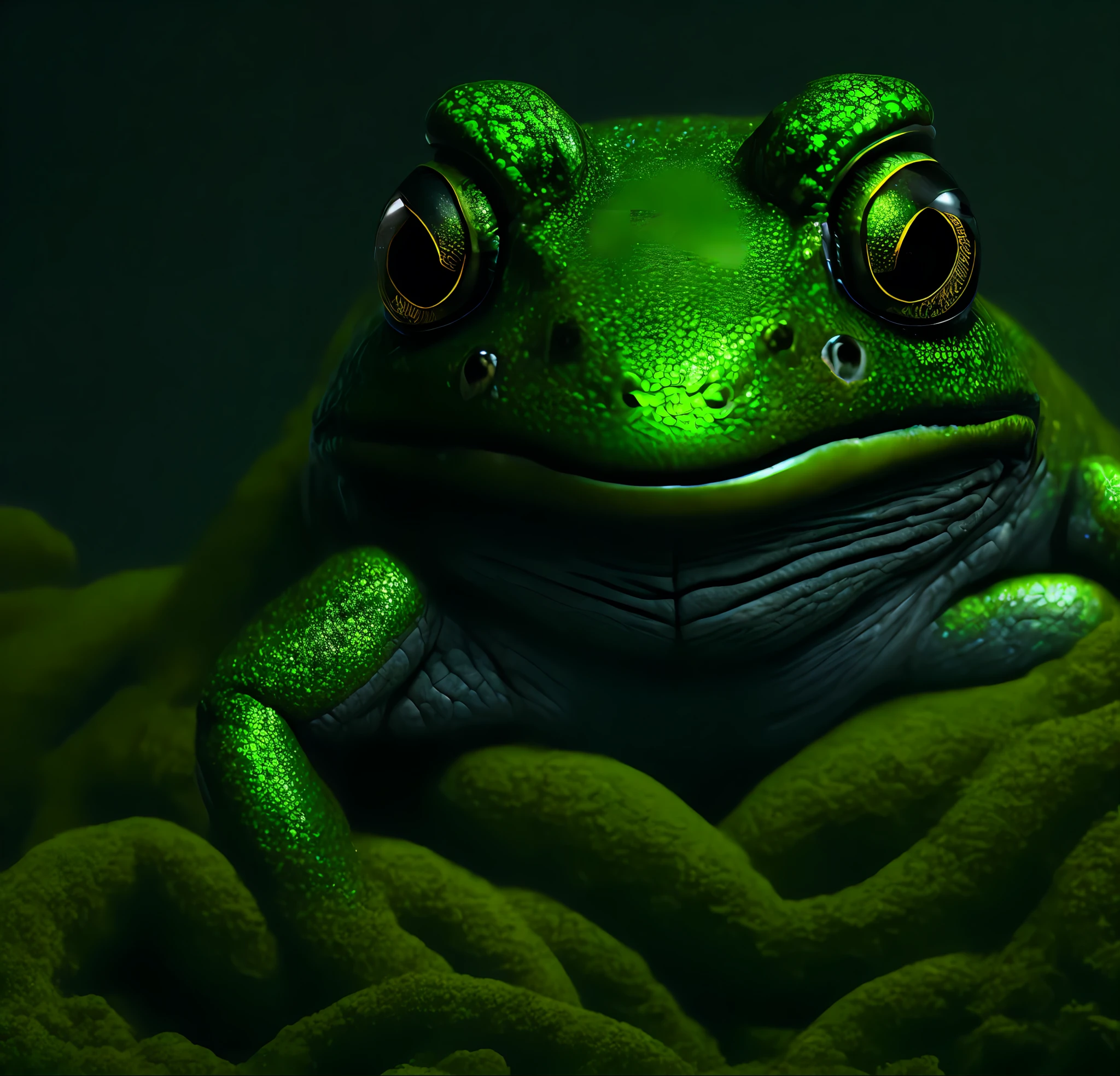 "Very detailed, masterpiece, 8K, bright lighting, dramatic shadows, humanoid frog monster here big face, sharp crescent-shaped eyes, no protruding nose but two snake-like holes, long black glowing hair, shining circular plates on the top of the head that absorb light, skin covered with a slimy green mossy membrane, whole body in the frame, wobbly movements.
