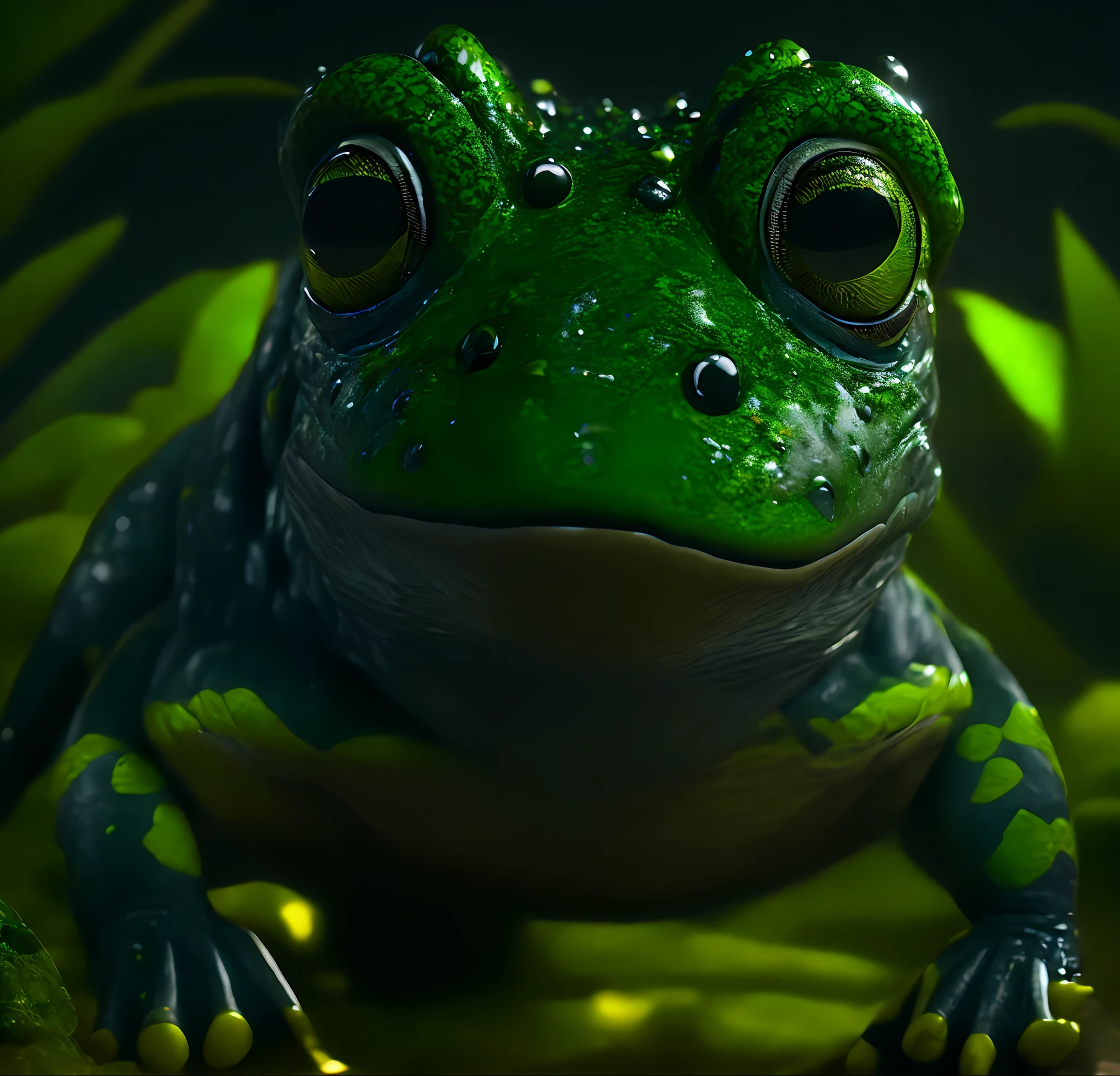 "Very detailed, masterpiece, 8K, bright lighting, dramatic shadows, humanoid frog monster here big face, sharp crescent-shaped eyes, no protruding nose but two snake-like holes, long black glowing hair, shining circular plates on the top of the head that absorb light, skin covered with a slimy green mossy membrane, whole body in the frame, wobbly movements.