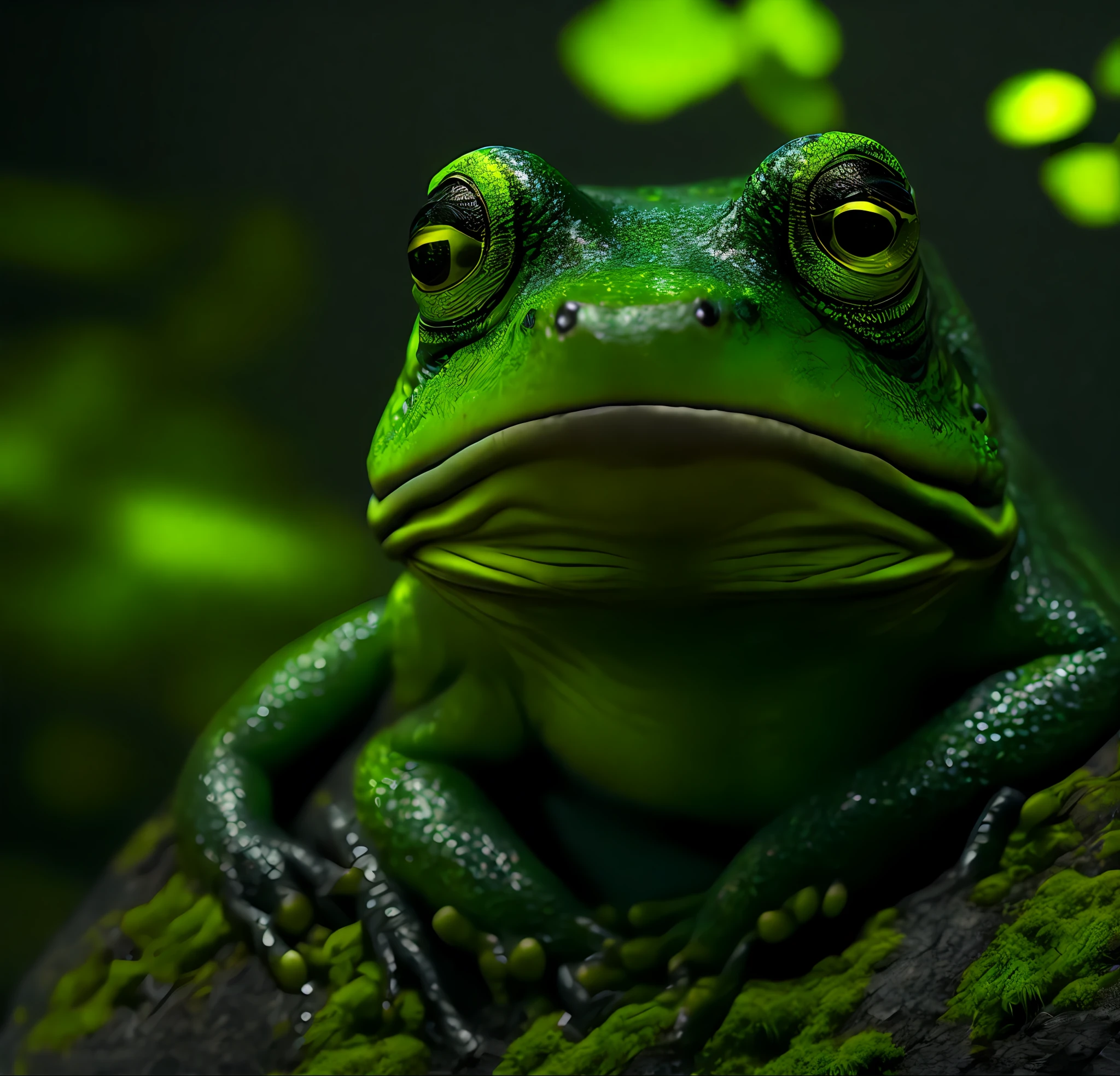 "Very detailed, masterpiece, 8K, bright lighting, dramatic shadows, humanoid frog monster here big face, sharp crescent-shaped eyes, no protruding nose but two snake-like holes, long black glowing hair, shining circular plates on the top of the head that absorb light, skin covered with a slimy green mossy membrane, whole body in the frame, wobbly movements.