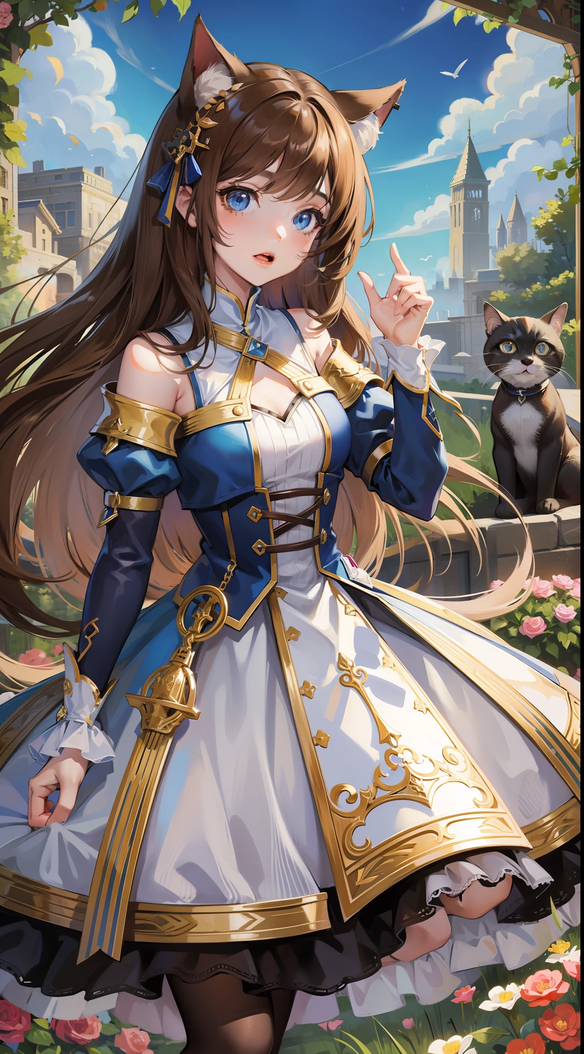 Young girl, long brown hair, blue eyes, cat ears, fantasy dress, masterpiece, high quality
