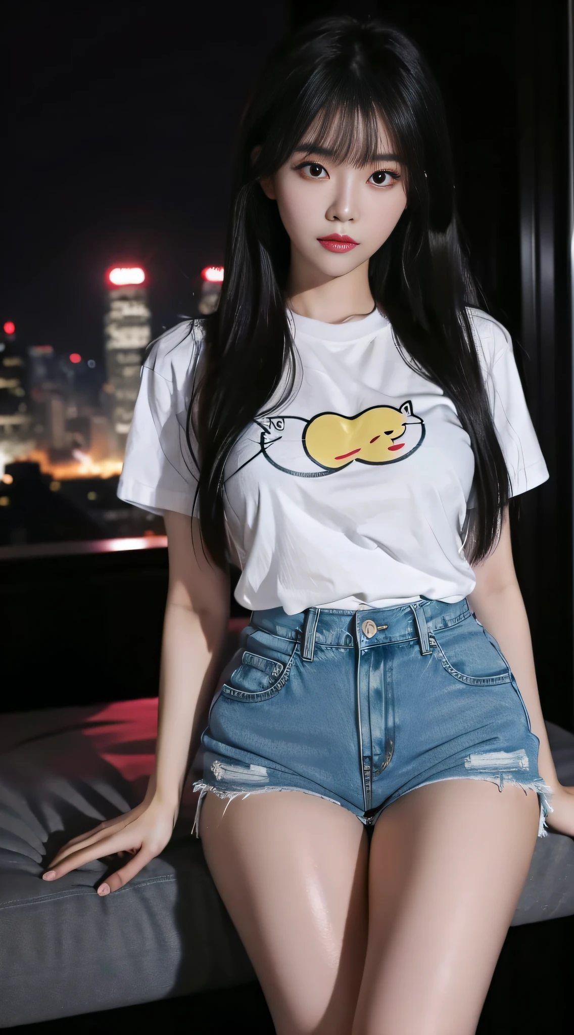A Chinese woman at night on the rooftop of a tall building, fluffy hair, delicate face, bright, real girl, large aperture, slender, wearing denim shorts, black stockings, tight T-shirt, letter T-shirt, cartoon T-shirt, close-up shot, plump, slightly fat,