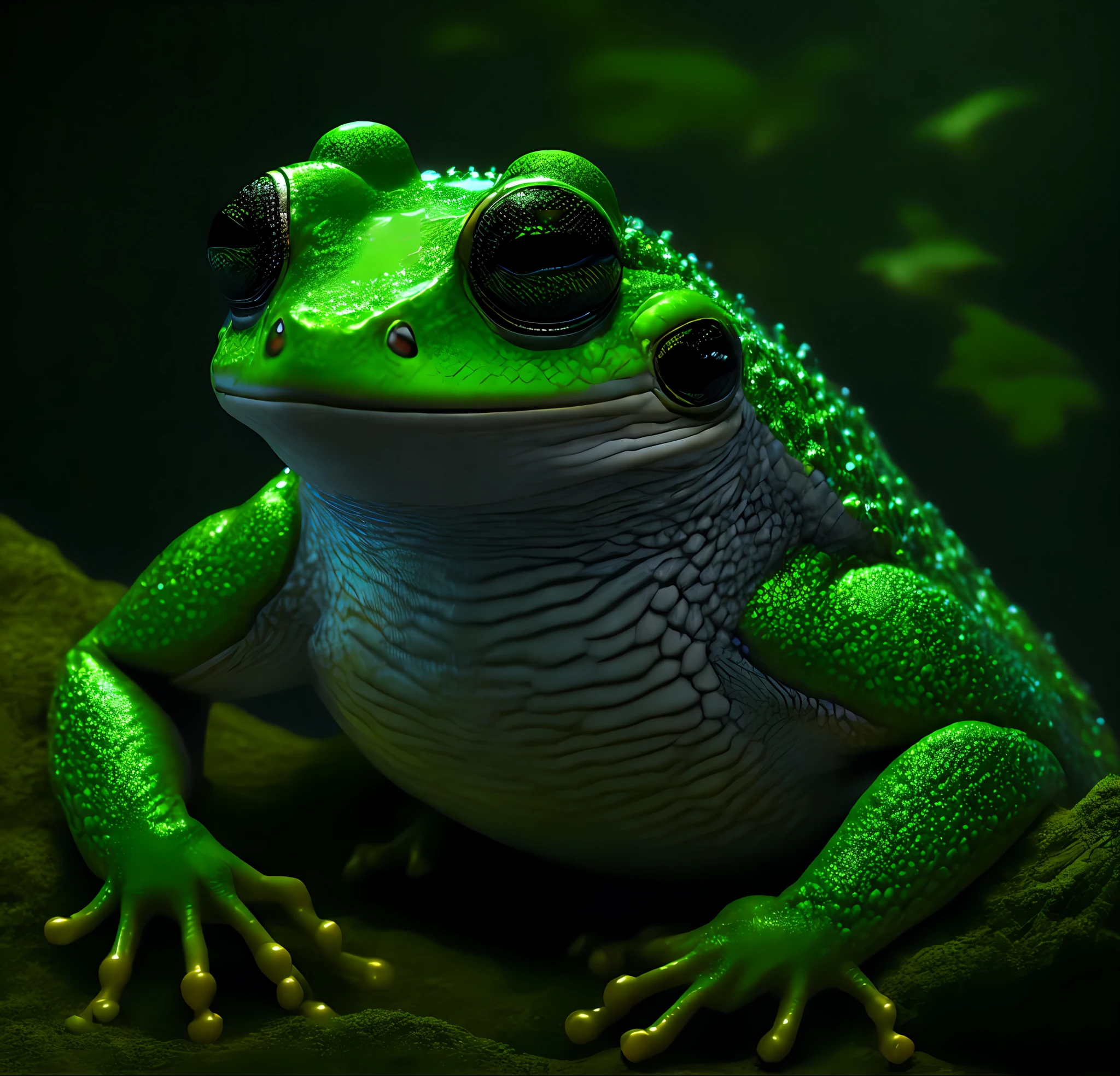 "Very detailed, masterpiece, 8K, bright lighting, dramatic shadows, humanoid frog monster here big face, sharp crescent-shaped eyes, no protruding nose but two snake-like holes, long black glowing hair, shining circular plates on the top of the head that absorb light, skin covered with a slimy green mossy membrane, whole body in the frame, wobbly movements.