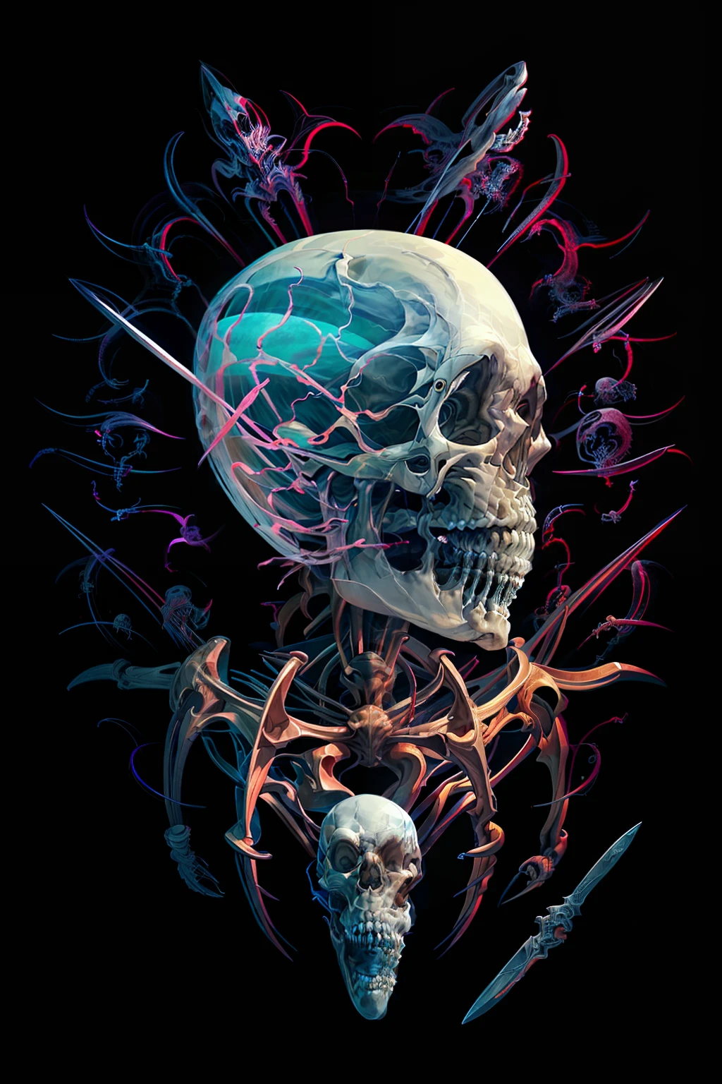 a closeup of a fish skeleton with a knife in it, whale skeleton, high quality photo, by William Jennys, wiry, svg art, fishbones, sand worm, skull, skeleton, shark, concept piece, scary fish, sick, sick, big mouth with teeth, bones, maw art, svg vector art, shirt print logo