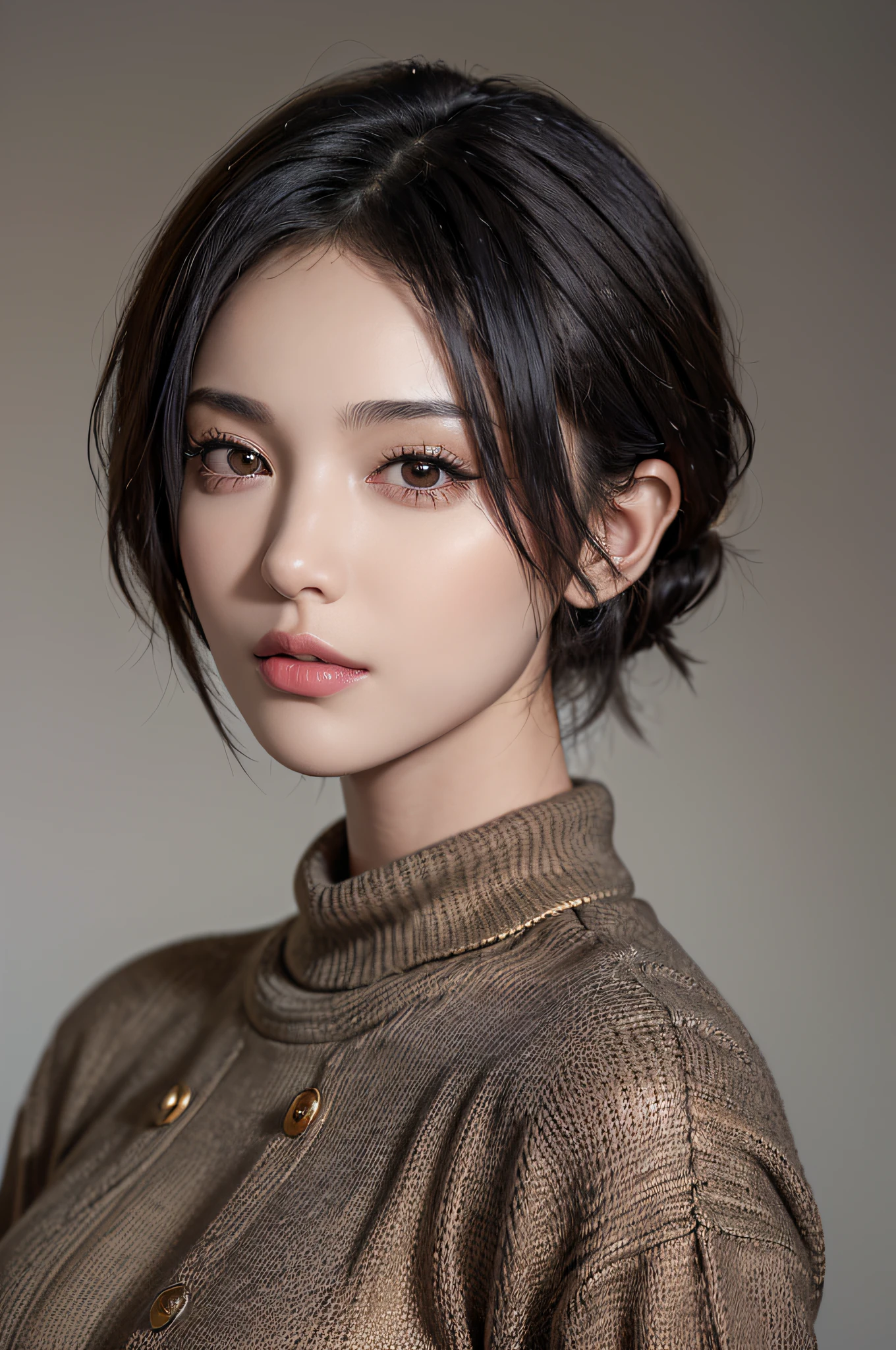 (masterpiece:1.3), (8k, photorealistic, RAW photo, best quality: 1.4), (1girl), beautiful face, (realistic face), (black hair, short hair:1.3), beautiful hairstyle, realistic eyes, beautiful detailed eyes, (realistic skin), beautiful skin, (sweater), absurdres, attractive, ultra high res, ultra realistic, highly detailed, golden ratio