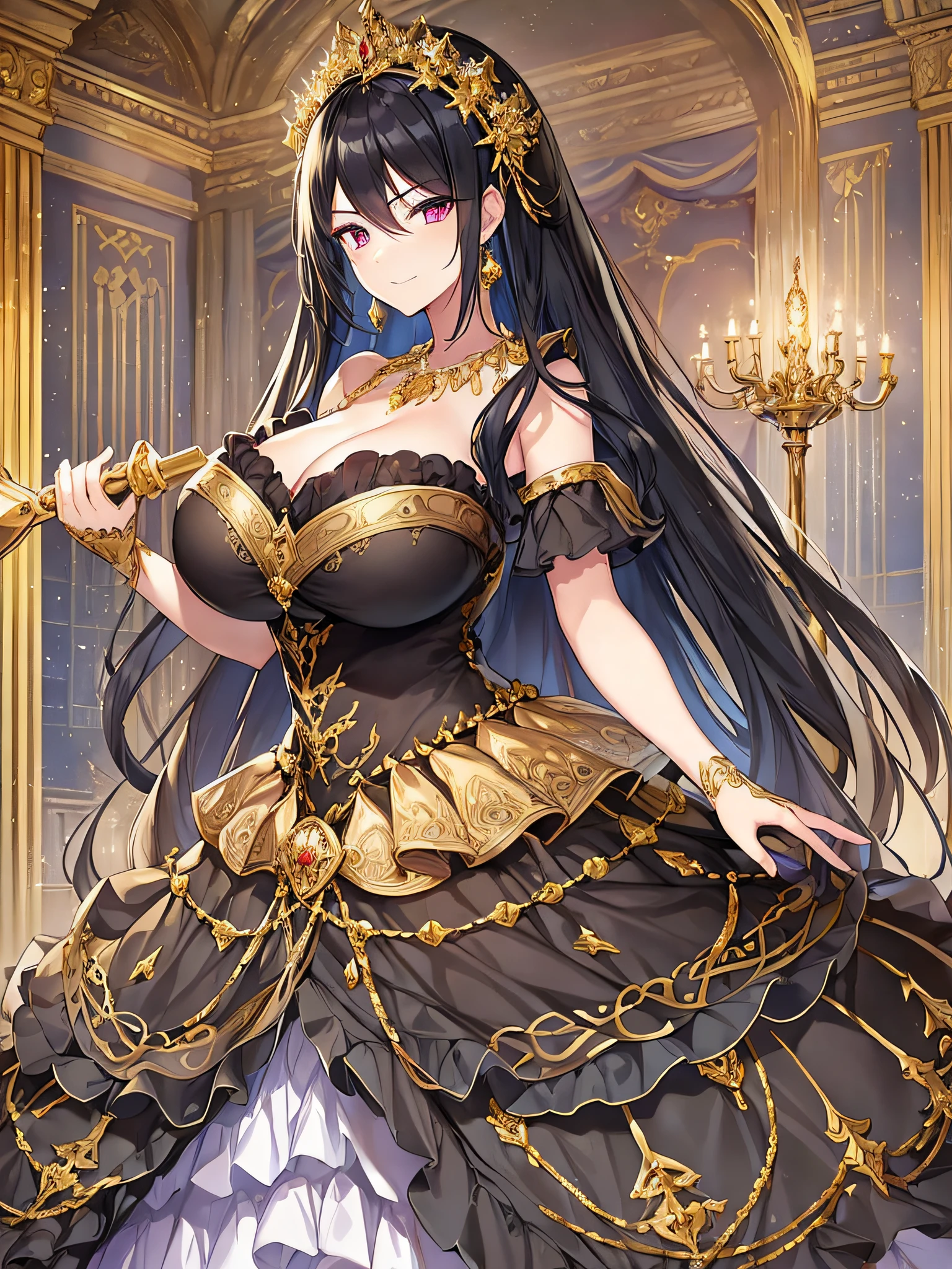 ((anime moe artstyle)),((Masterpiece)), (Best Quality), (Super Detail), Illustration, (((Very Delicate and Beautiful))),Dynamic Angle,Looking at viewer,((((Solo)))),(((Full body))),(((1 arrogant cute empress in gorgeous black ball gown))),((holding a scepter in one hand)),(standing),dominant pose,(arrogant),(((haughty smile))),Purple eyes,(Sharp eyes),Detailed Face, Long Eyelashes,Jet Black Hair,Straight Hair,((Very Long Hair)),Bangs between eyes,((((gigantic breasts)))),cleavage,((skindentation)),curvy,off shoulder,See-through,(gorgeous embroidered ruffled black and gold rococo ball gown),(fluffy rococo ball gown with gorgeous embroidery),((gold trim)),(((hoop skirt))),long skirt,corset,crinoline,opera gloves,Beautifully Gorgeous jeweled big tiara,Beautifully Gorgeous gem earrings,Beautifully Gorgeous jeweled necklace,Beautifully Gorgeous jeweled ornaments,indoor,light particles,royal palace,
