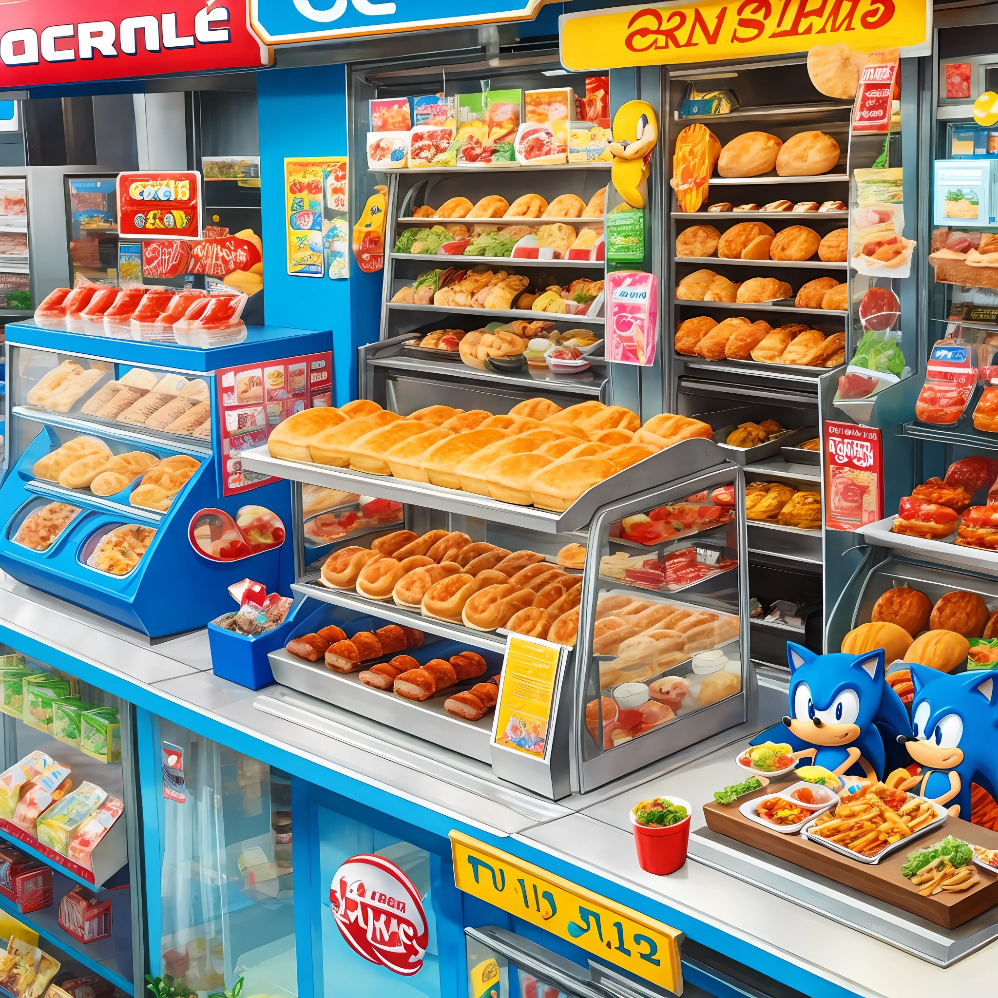 [Sonic the Hedgehog:1.2, cute:0.9, food photography:1.1, kawaii:0.9, Sonic Hotdogs:1.3, hotdog stand:1.2, selling food:1.1] --auto --s2