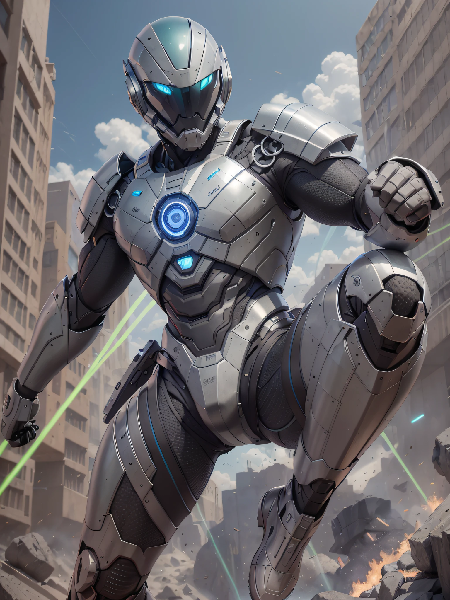 8K, Best Quality, Masterpiece, Ultra High Resolution, (Realism: 1.4), Real, Photography, Men, in futuristic clothes, High-tech combat suit, cold face, (cyan pupils), ((green crystal eyes)), pale yellow laser beam, full body, macho, holding holographic projection shield, black clouds, lightning, real aerial battlefield background, floating dust, Falling planes, armored vehicles, flying anti-aircraft missiles, exploding flames, real person, real face, cool, Perfect cyborg wearing sci-fi headset, cool man, cyborg, silver-haired, manipulator, CG,
