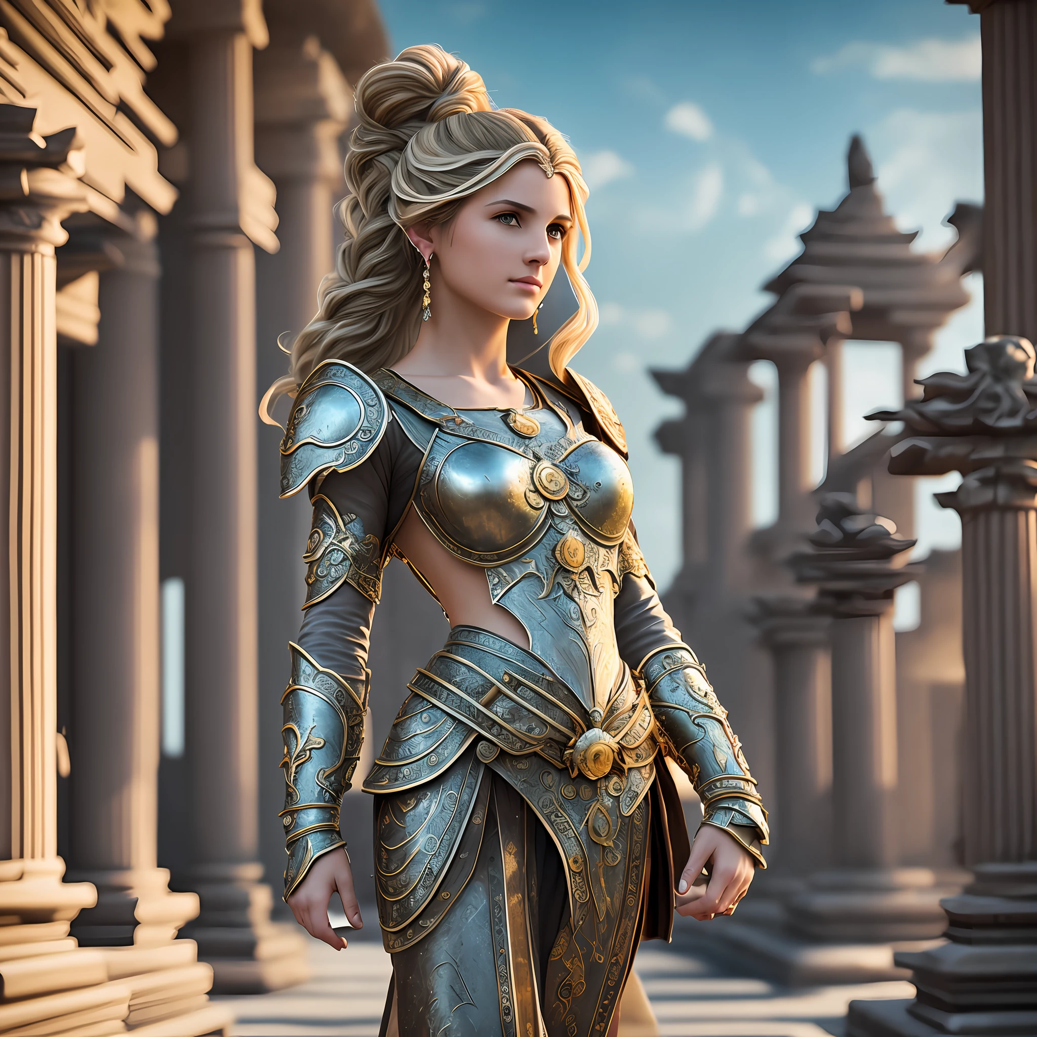 (8K, best quality: 1.2), (masterpiece: 1.37), (photo, photorealistic: 1.37), (ultra-high resolution), full body, walking pose, front shot, slow motion, female paladin using body full, (light silver armor: 1.2),(richly decorated armor), (amazingly detailed, bloom: 1.5), (high quality, Alessandro Casagrande, Greg Rutkowski, Sally Mann, concept art, 4k), 1.2), (high sharpness ), (detailed students: 1.1), detailed face and eyes, Masterpiece, best quality, (highly detailed photo: 1.1), (long blonde hair, ponytail, ecstatic: 1.1), (young: 1.1) , sharp, (perfect body:1.1), realistic, real shadow, 3d, (temple background:1.2), (by Michelangelo), photographed by Canan EOS R6, 135mm, 1/1250s, f/2.8, ISO 400