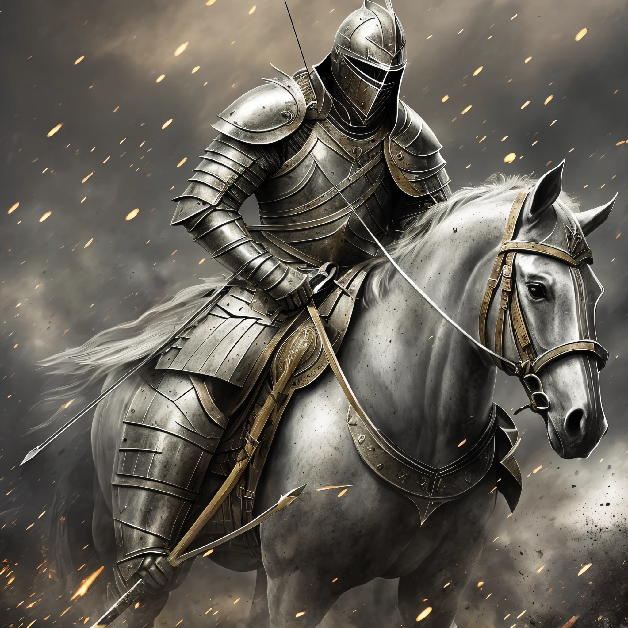 (male knight, battlefield, spear: 1.2, shield, sturdy armor, war horse, bow and arrow: 1.1), grandiose scene, calm style, atmospheric military feeling --auto --s2