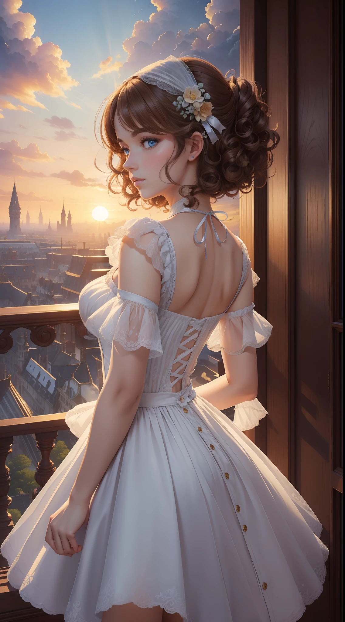 "((masterpiece))), best quality, ultra detailed, high resolution 8k CG wallpaper, stunning, delicate and beautiful illustration, dynamic angle, dynamic pose, (1 girl), blue eyes, (brown hair + luminous hair: 1.3 + curly hair: 1.2 + short hair + perfect hair: 1.3 + ultra detailed hair: 1.3), Victorian white linen, not sexy, neck ribbon, beautiful face, (fantasy city), Clouds, sunset, panoramic view, watercolor. "