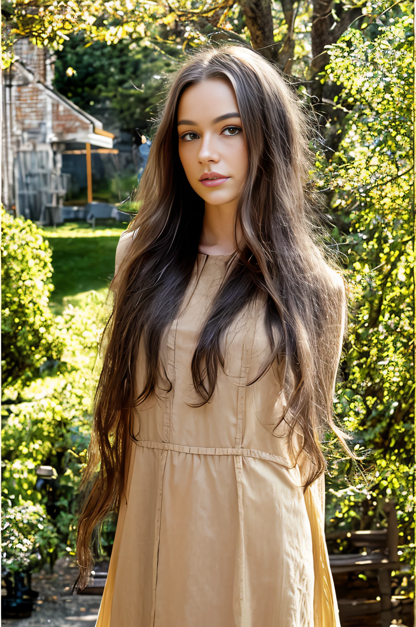 Full shot,portrait photography 1girl dasha beautiful young woman with transparent western tunic dress,long_hair, realistic, eyes visible through hair, proper eye position, natural skin, backlight, cinematic light, rim light, soft light , hips, in night time, city side background, detailed color graded background, intricate , highly detail, octane render,HDR, HD, 8k, by Annie Leibovitz