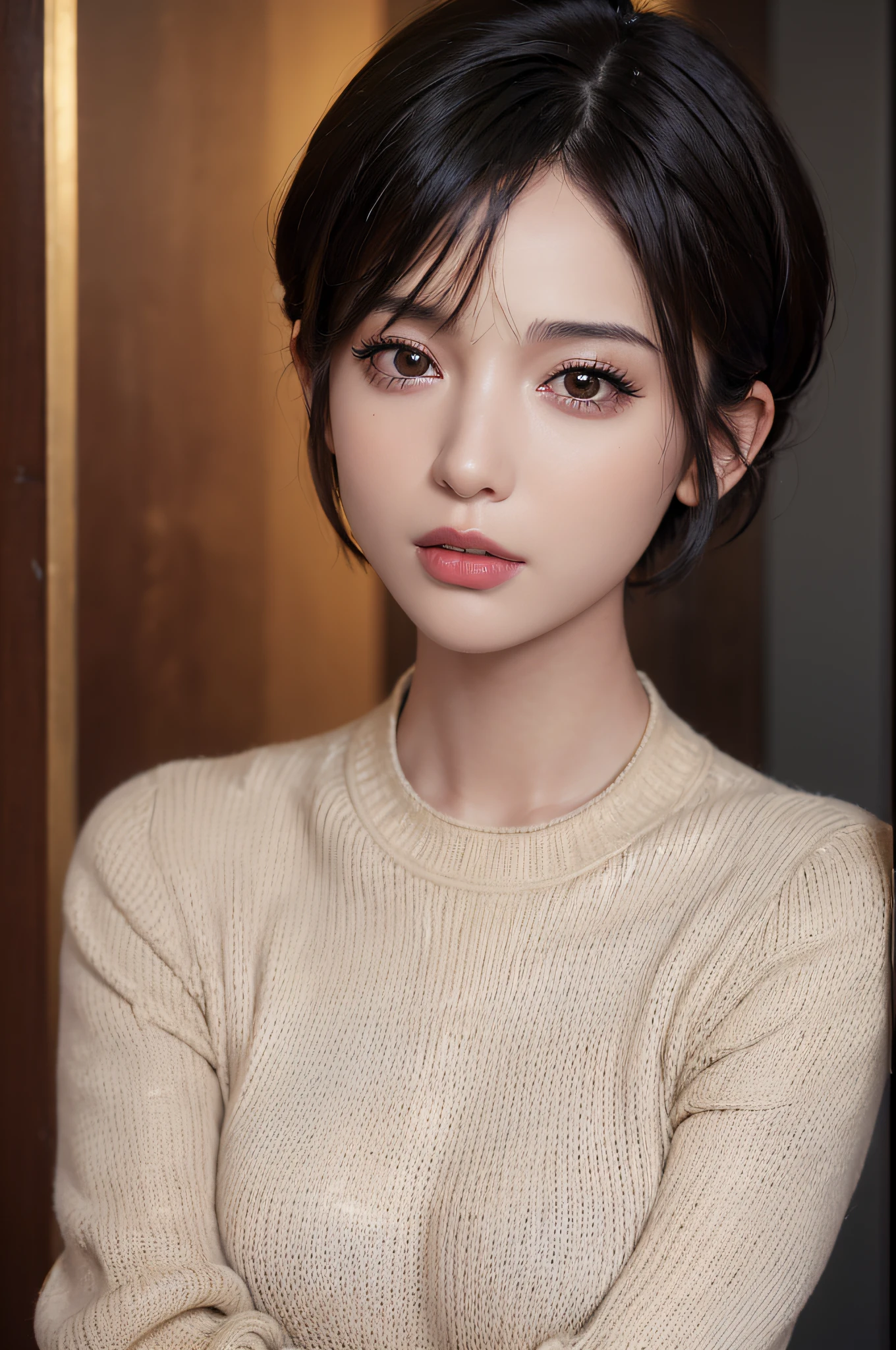 (masterpiece:1.3), (8k, photorealistic, RAW photo, best quality: 1.4), (1girl), beautiful face, (realistic face), (black hair, short hair:1.3), beautiful hairstyle, realistic eyes, beautiful detailed eyes, (realistic skin), beautiful skin, (sweater), absurdres, attractive, ultra high res, ultra realistic, highly detailed, golden ratio