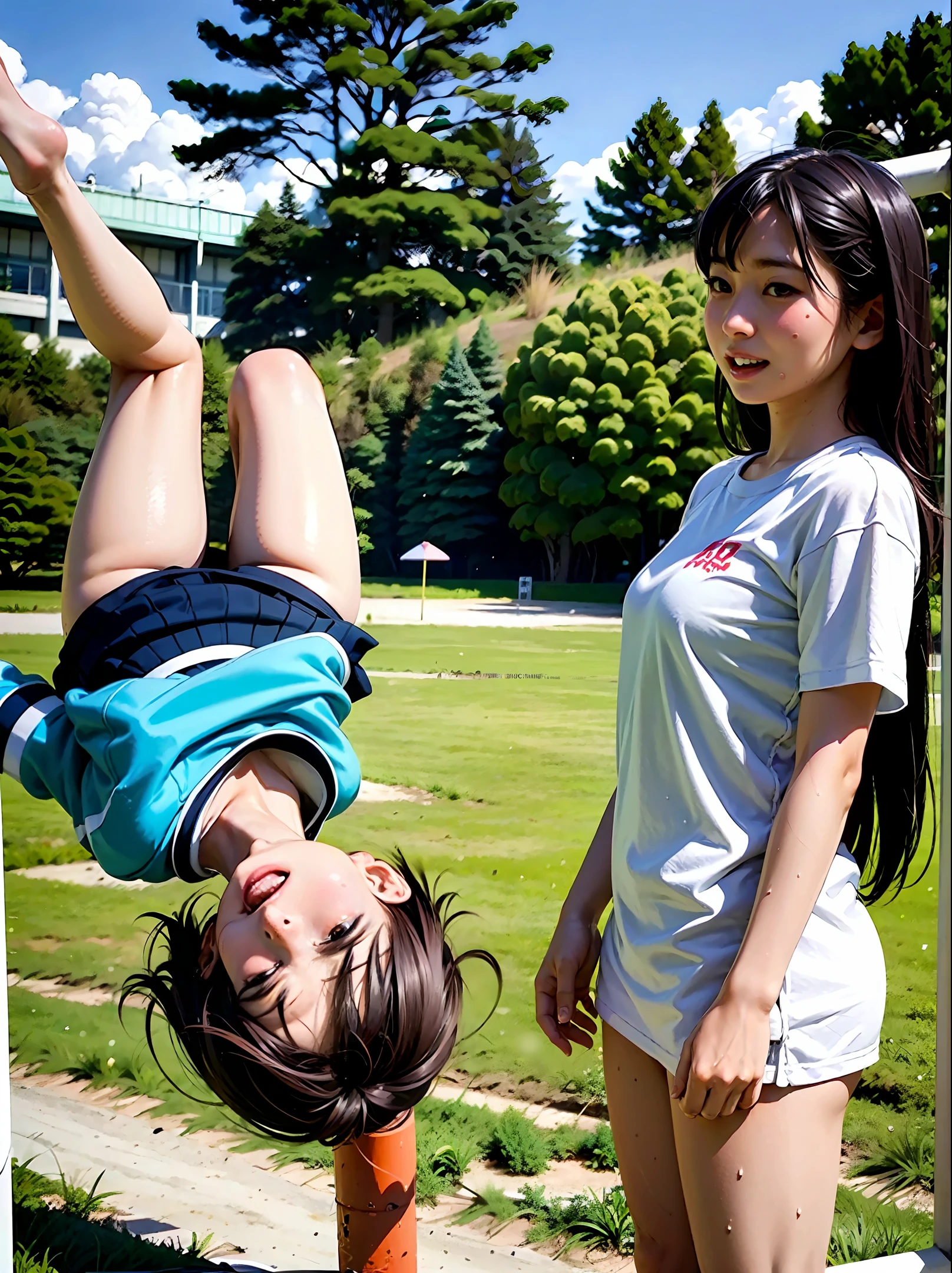 As shown in the photo, Japan high school girls are playing in a park wearing wet clothes.